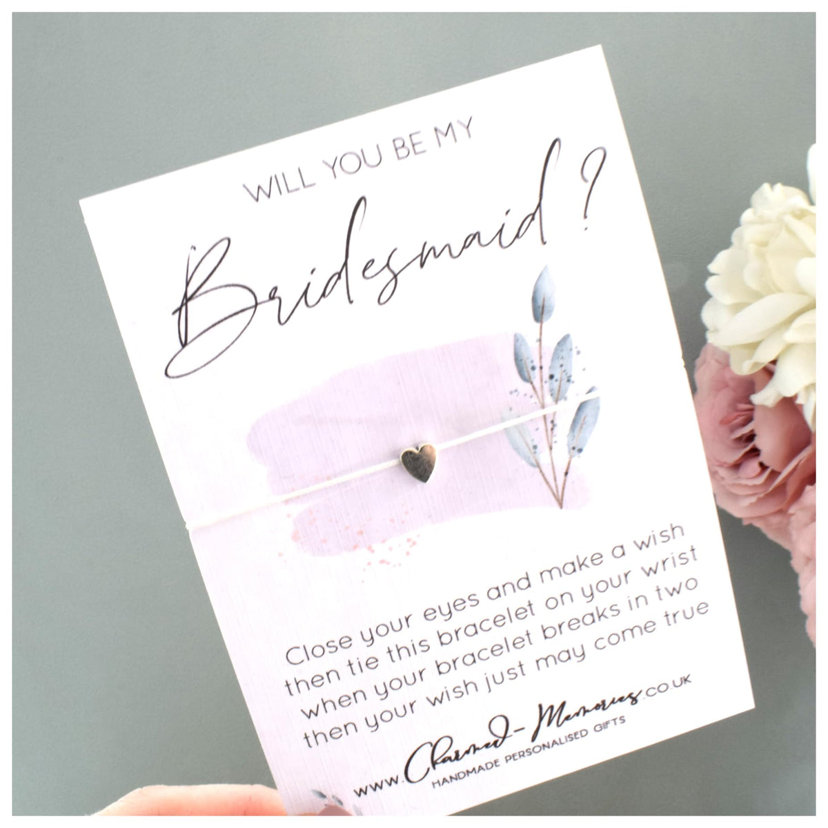 Will You Be My Bridesmaid? Wish Bracelet   Bridesmaid Proposal   Lilac Modern Watercolour Design   Tibetan Charm. Wish String Cord Bracelet. Modern Greeting Card