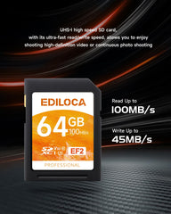 Ediloca SD Card 64GB, Memory Card, Up to 100MB/s, UHS-I, C10, U3, V30, Full-HD & 4K Video, Camera SD Card, Must-Have for Professional Photographers(EF2)