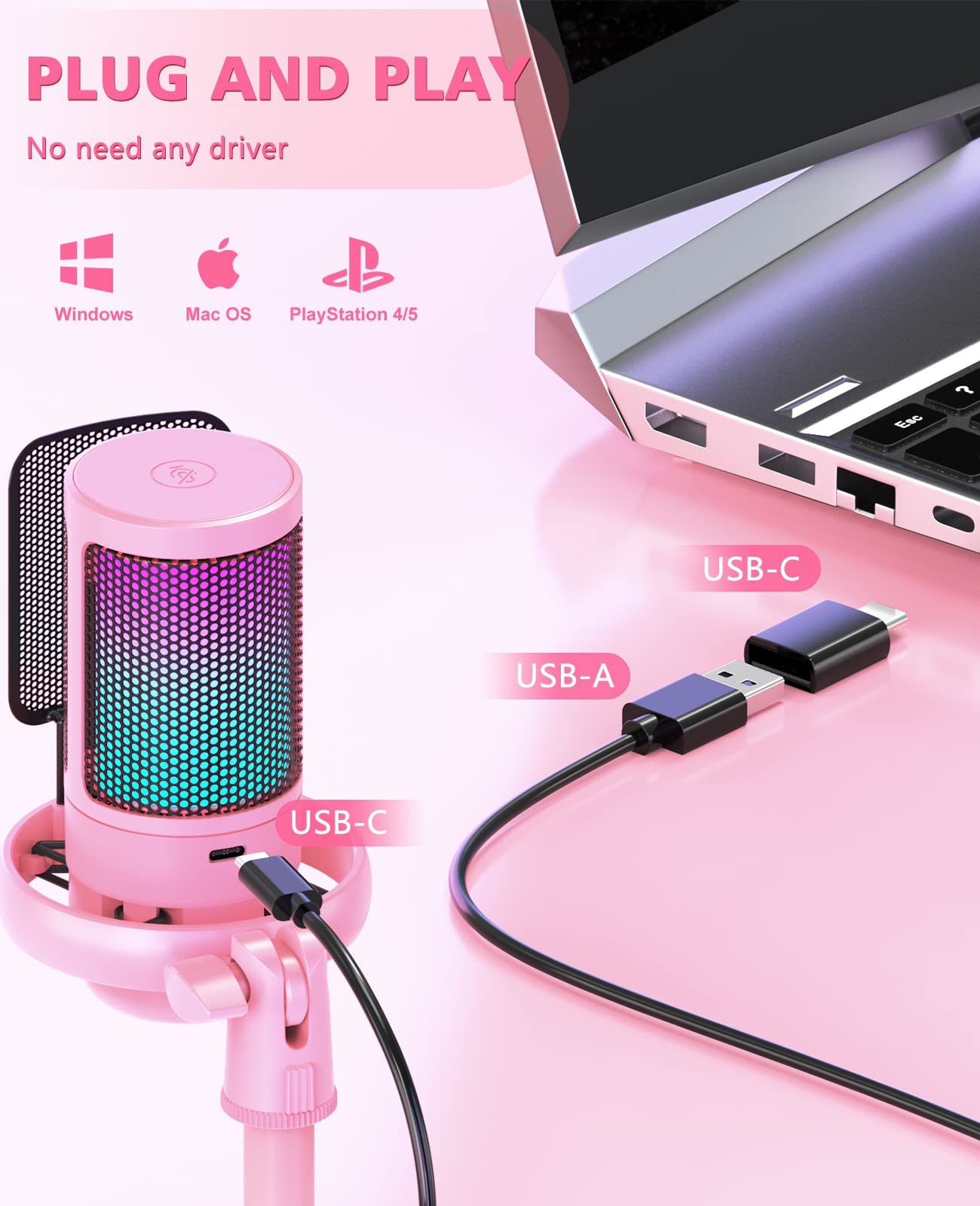 NJSJ Gaming Microphone, USB Microphone for PC/ PS4/ PS5/ Mac/Phone, Condenser Mic with Touch Mute, Brilliant RGB Lighting, Gain knob & Monitoring Jack for Recording, Streaming, Podcasting (Pink)