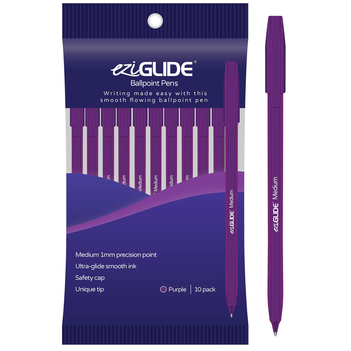 Eziglide Ballpoint Purple Pen, Pack of 10 Ballpoint Pens, Smooth Writing Action-Medium Point 1.0mm Coloured Pens Multipack - Ball Point Pens Ideal Pens for School, Home or Work Stationery Supplies