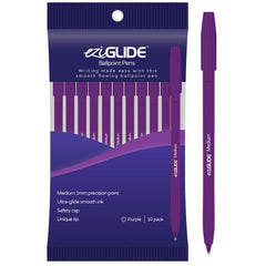 Eziglide Ballpoint Purple Pen, Pack of 10 Ballpoint Pens, Smooth Writing Action-Medium Point 1.0mm Coloured Pens Multipack - Ball Point Pens Ideal Pens for School, Home or Work Stationery Supplies