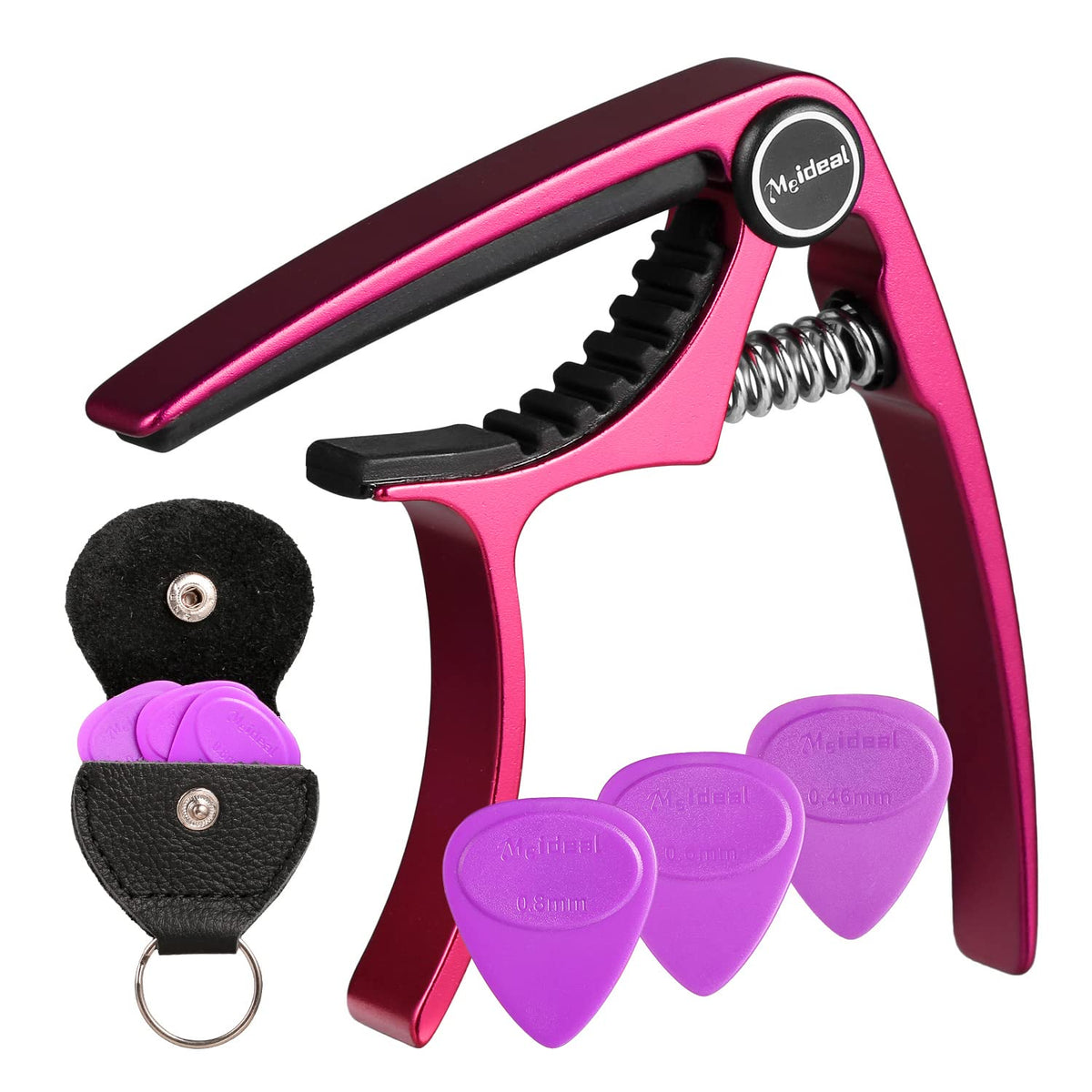 Guitar Capo, Meeland Purple Aluminium Guitar Capo Key Clamp for Acoustic Guitar/electric guitar/Ukulele/Bass With Guitar Picks and Leather Picks Holder and Bridge Pins Puller Included (Pink)