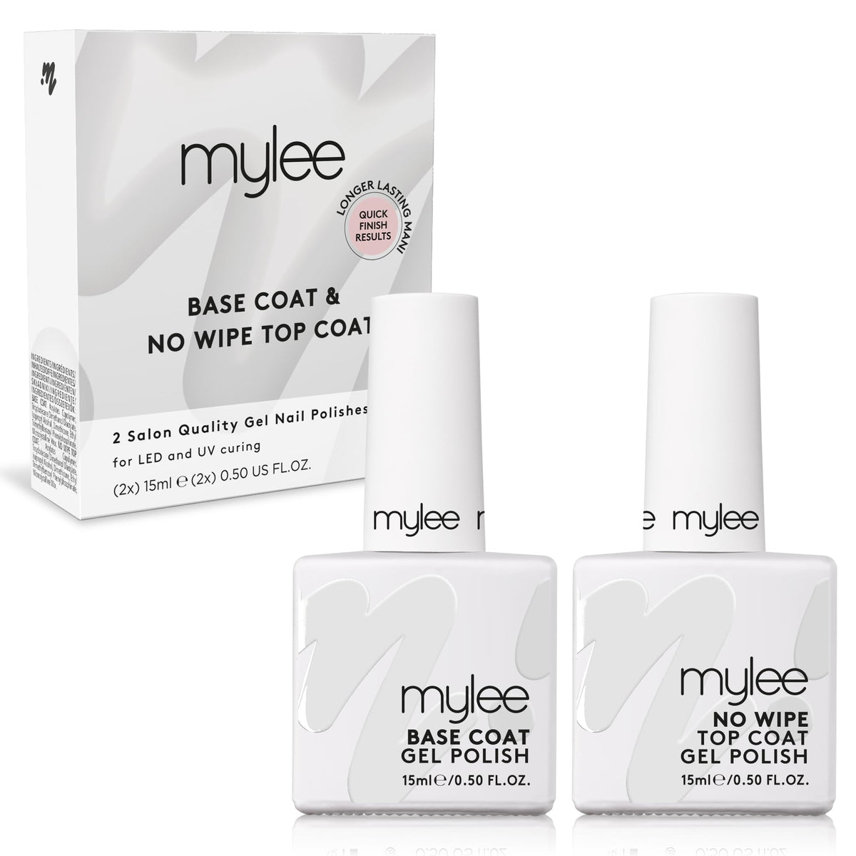 MYGEL by Mylee Nail Gel Polish No-Wipe Top & Base Coat 2x15ml UV/LED Soak-Off Nail Art Manicure Pedicure for Salon & Home Use - Lasts up to 2 Weeks, Easy to Apply, No Chips, Durable & Safe