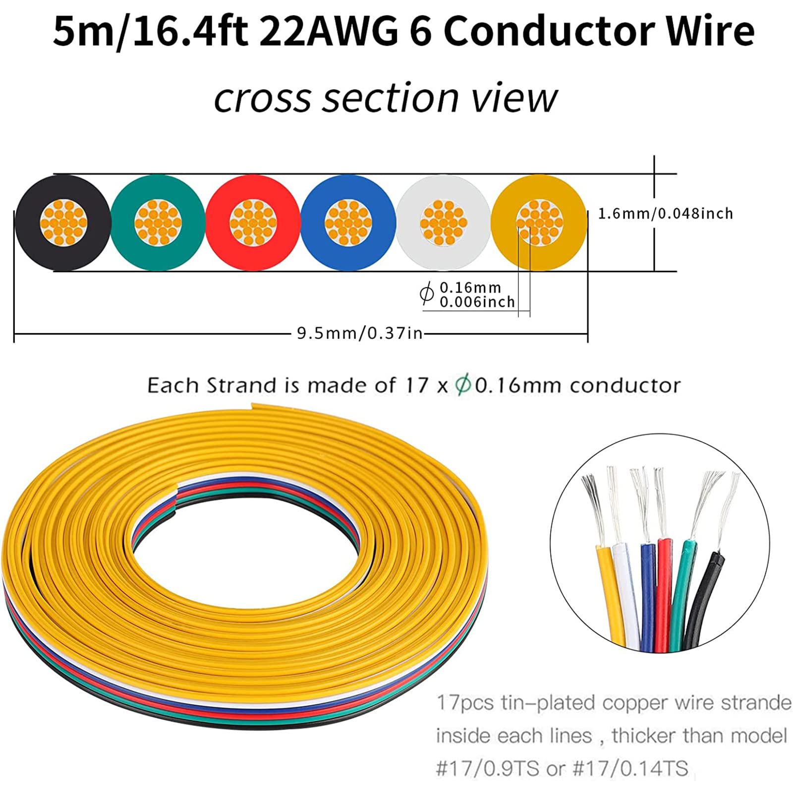 HOMELYLIFE 6 Pin 12mm LED Strip Connectors Transparent Solderless 10 Pack with 16.4ft Extension Cable 6 Conductor for Waterproof or Non-Waterproof LED Strip Lights