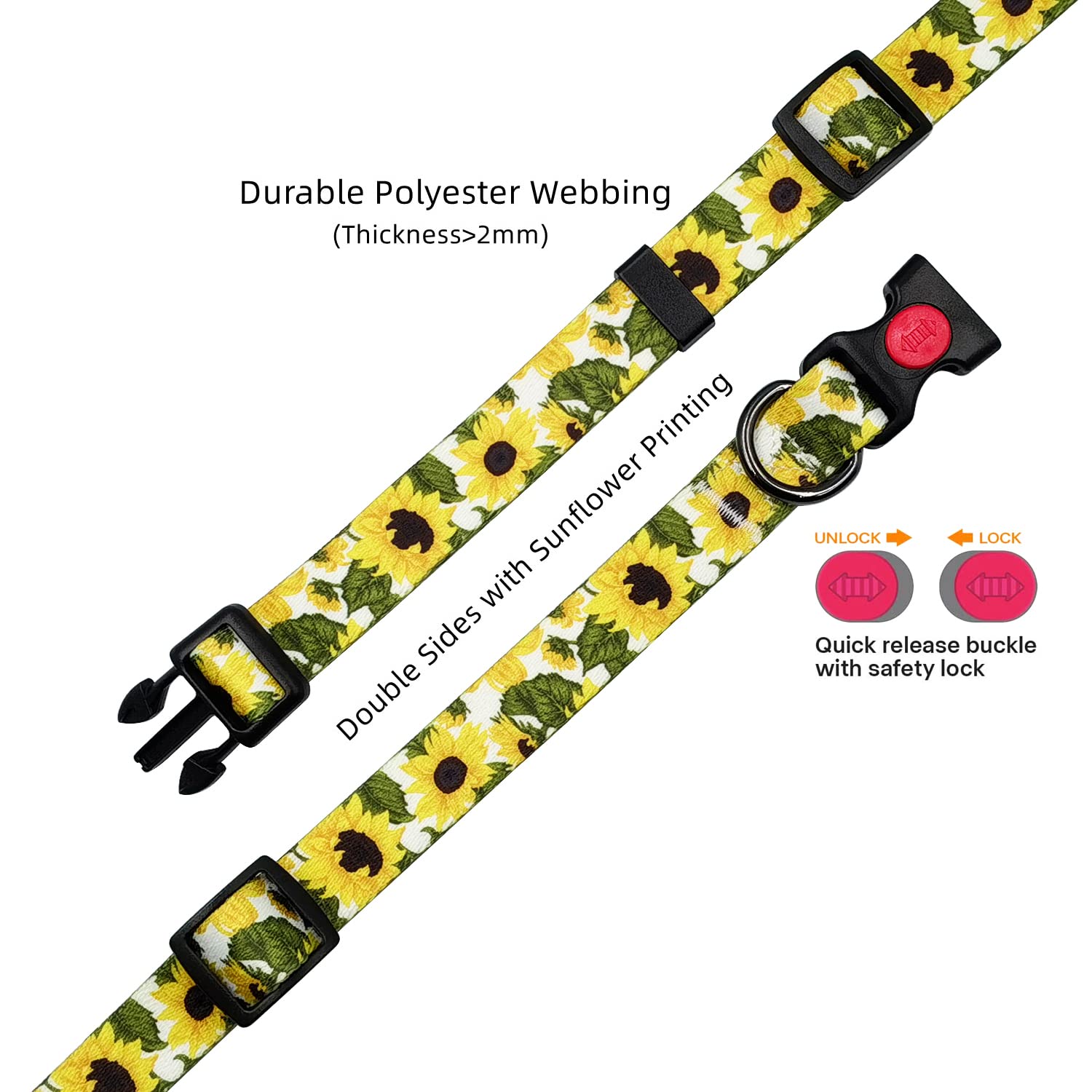 Olahibi Dog Collar Leash Set, Sunflower Pattern, Polyester Material, 150CM Leash, for Small Dog.(S, Sunflower Set)