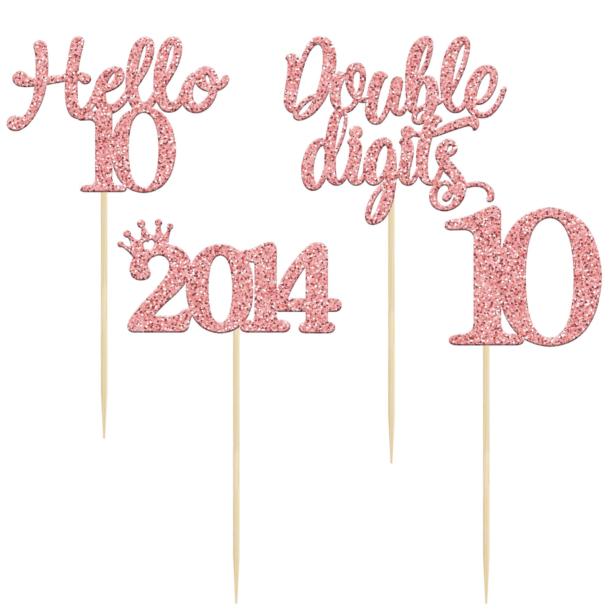 Gyufise 24Pcs Rose Gold Glitter Happy 10th Birthday Cupcake Toppers 10 Ten Hello 10 Double Dights Since 2014 Cupcake Picks for 10th Birthday Party Decorations