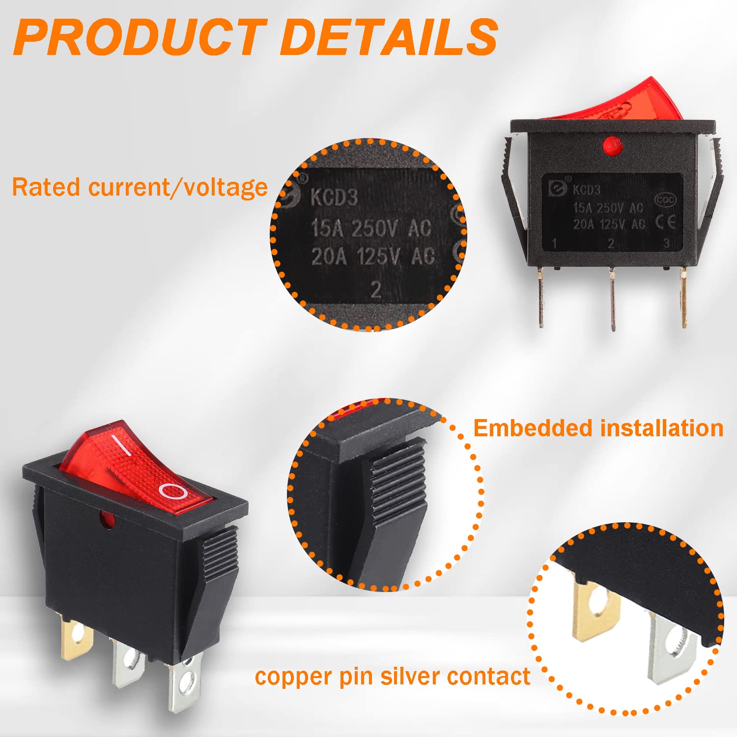 HUAREW 5Pcs Rocker Switch Red Light Illuminated, ON/Off SPST 3 Pin 3 Position Boat Rocker Toggle Switch Snap AC 250V/15A 125V/20A KCD3-101