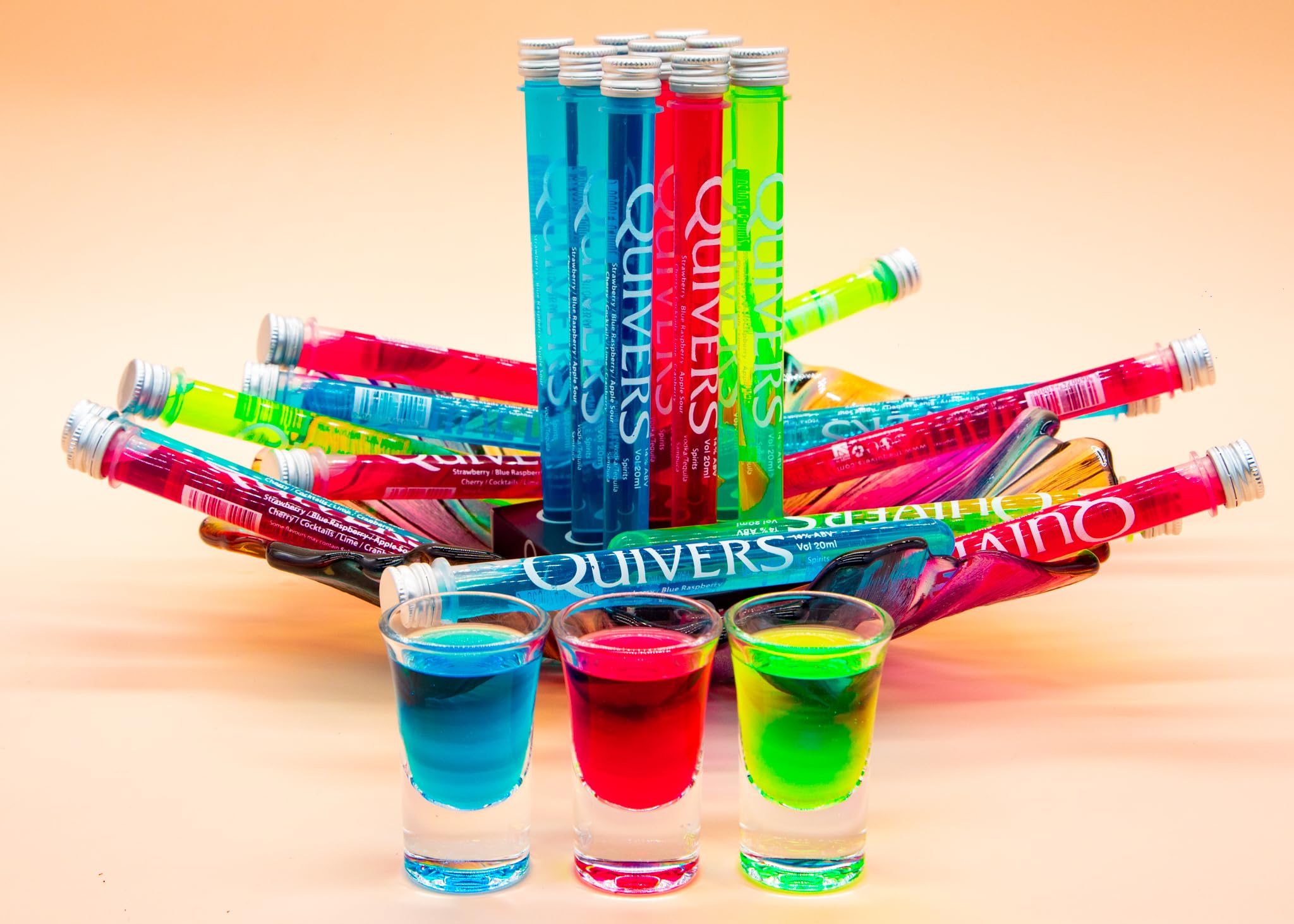 Quivers Mixed Vodka Shots, 14% ABV, 12 x 20ml, Sour Apple/Strawberry/Raspberry