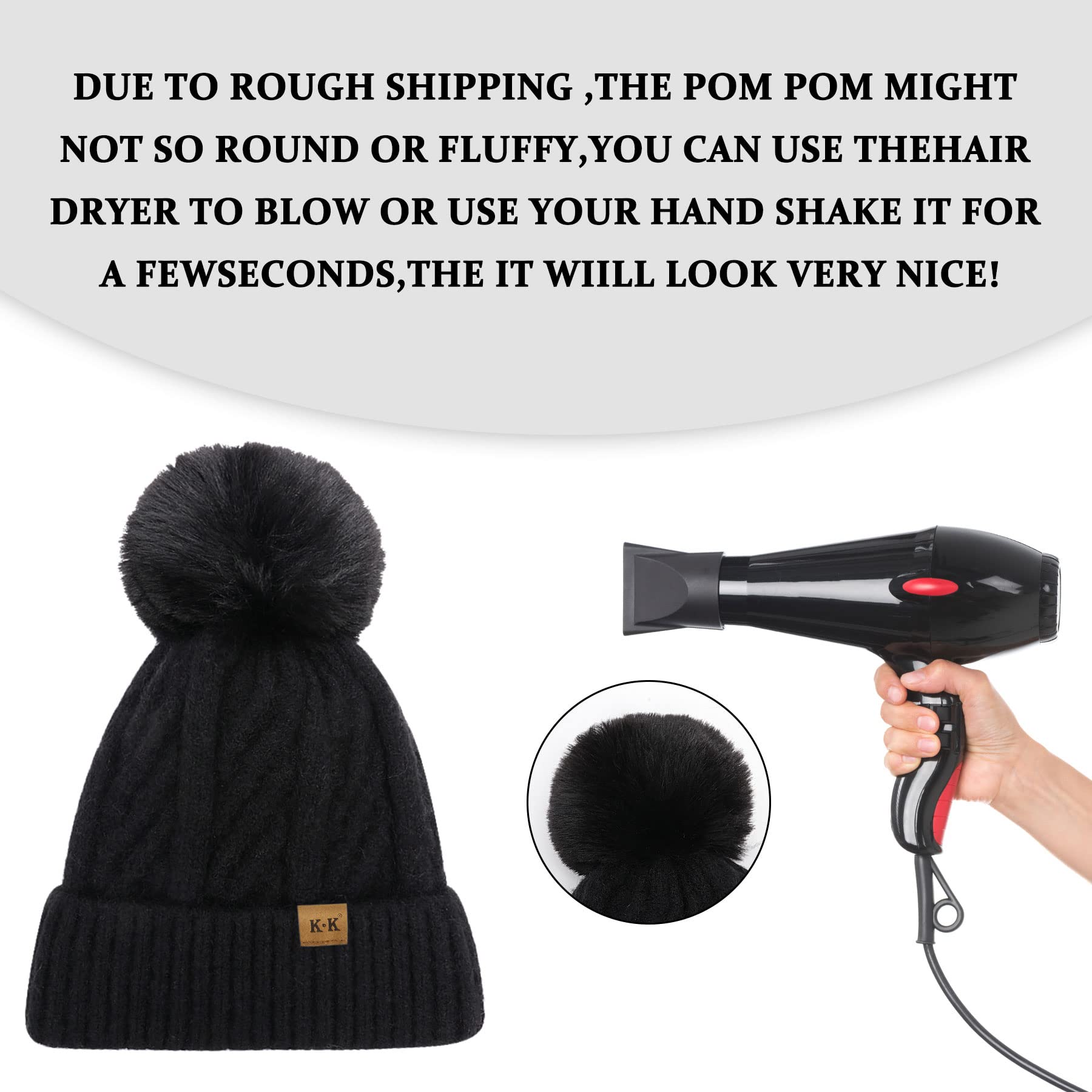 Bobble Hat Women - Fleece Lined Beanie Hats Thermal Knitted Wooly Winter Hats Ladies Cable Knit Hats with Faux Fur Pom Pom Pink