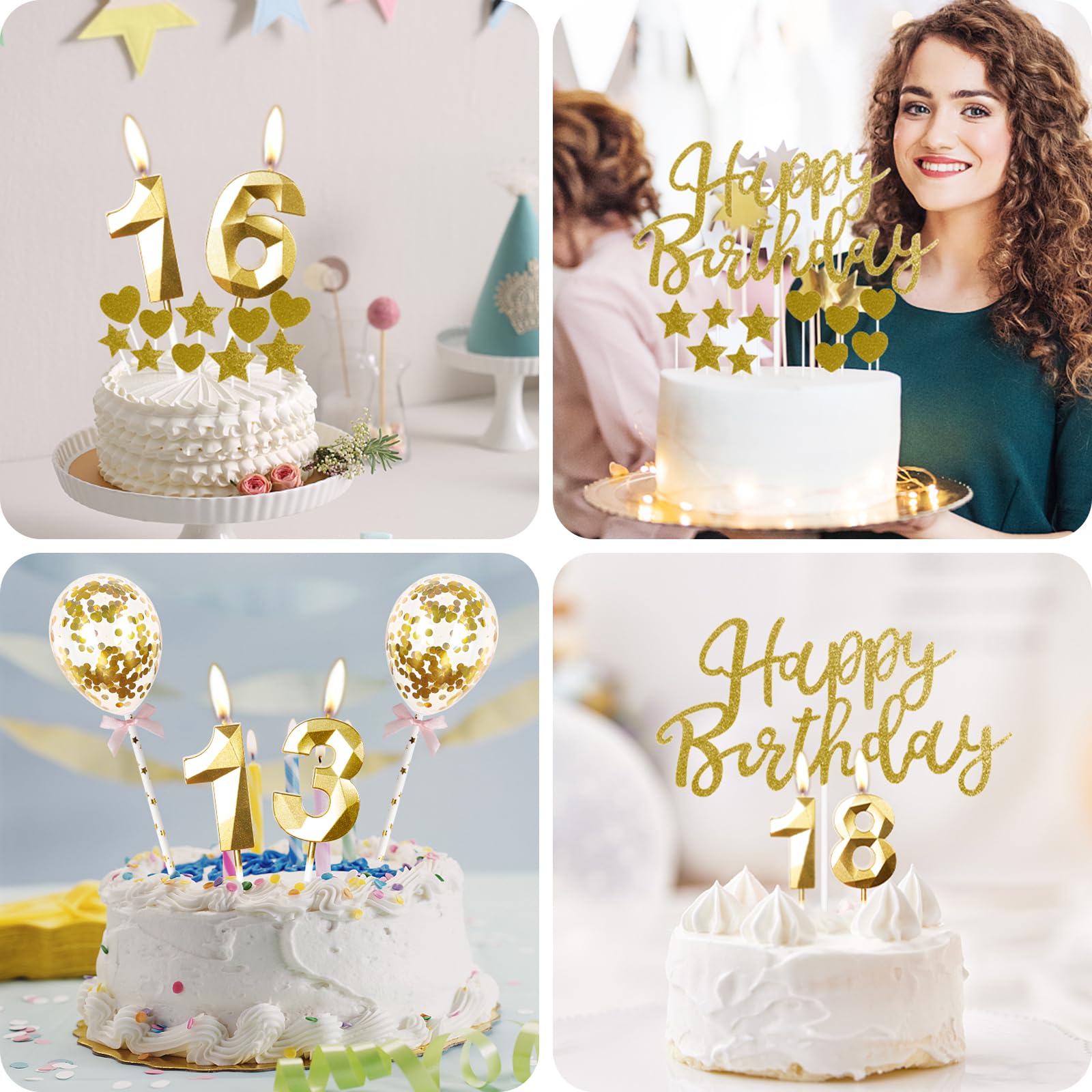 Mciskin 13th Happy Birthday Candles Glitter Happy Birthday Cake topper Gold Happy Birthday Balloons Gold 13 Candle Wedding Cake Star/Heart Cupcake Toppers Decorations for Girls Women Birthday Party