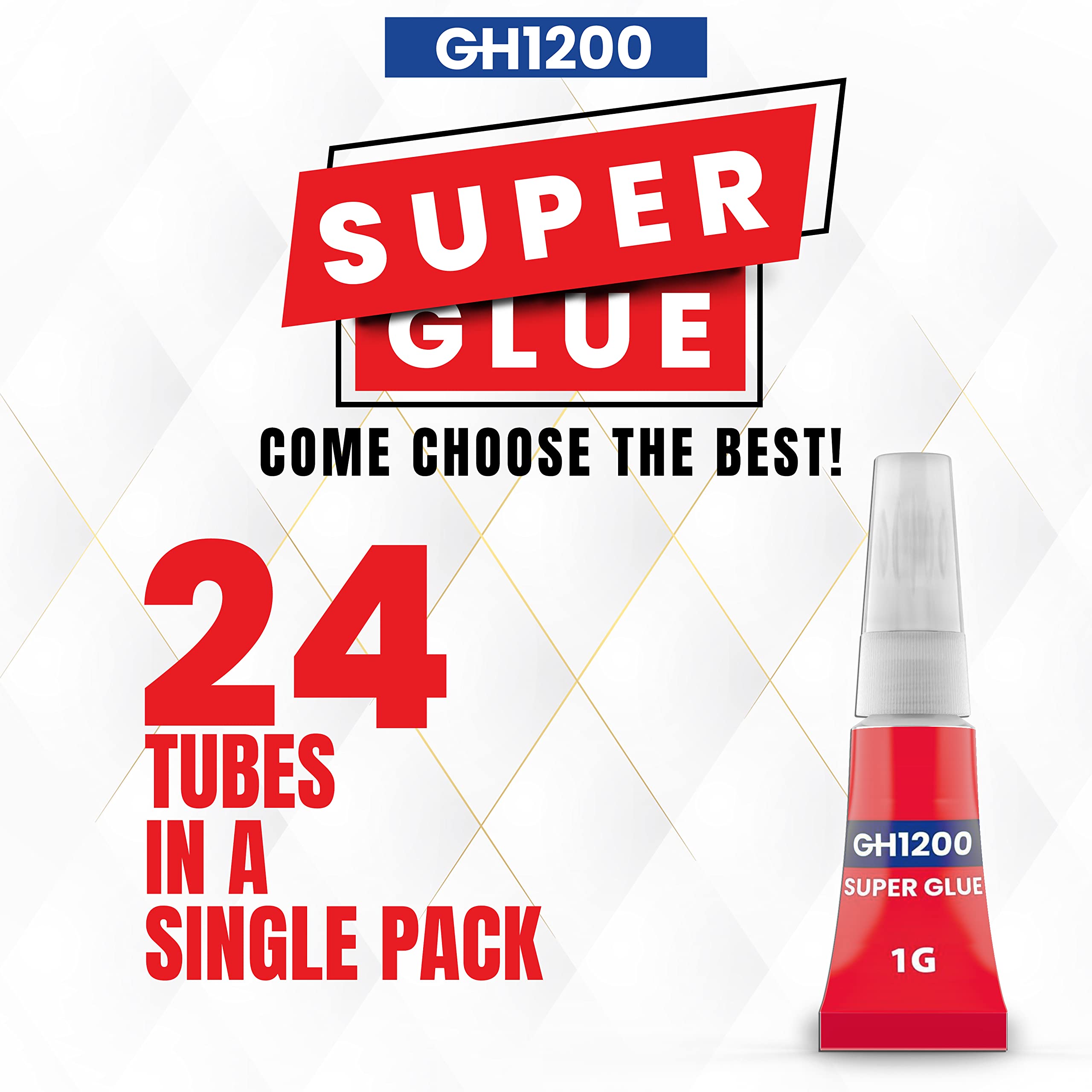 GH1200 1g x 24 Strong Super Glue All Purpose with Anticlog Cap. Super Fast,Thick & Strong Adhesive Cyanoacrylate Glue for Hard Plastics, DIY Craft, Ceramics, Frame,Leather, Metal and Many More