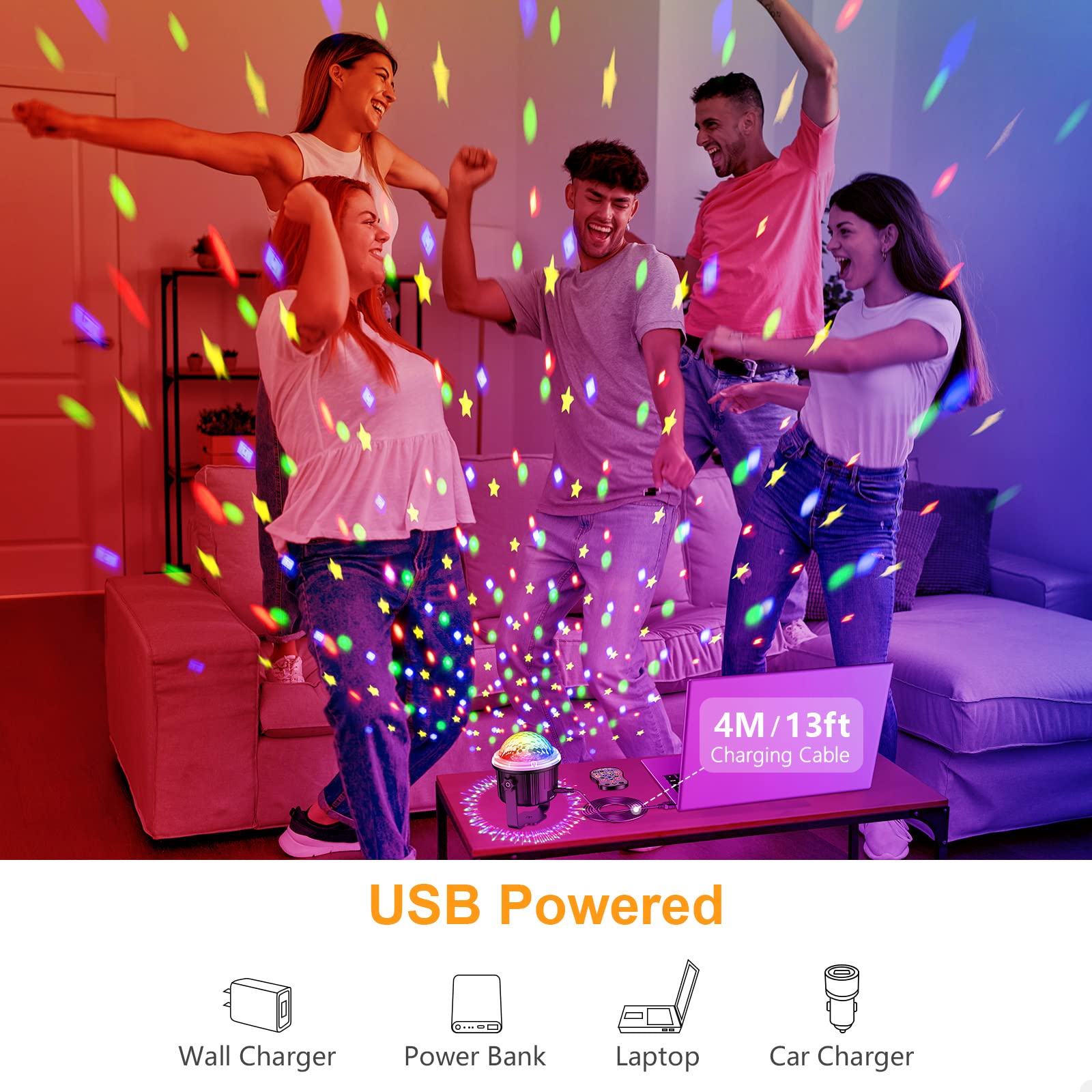 Gritin Disco Lights, 360°Rotation Music Activated Disco Ball Lights with 4M/13ft USB Cable & Remote Control - [ Dynamic Star Pattern Effect ] 3W RGBY Party Lights for Kids Birthday,Home Gathering,etc