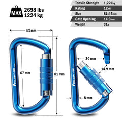 FresKaro 3inch 12kN Twist Locking Carabiner Clips, Weight Rating 1224kg, Auto-Lock Aluminum Carabiners Heavy Duty, for Hammocks, Yoga Swing, Camping, Keychain, Dog Leash, 2pcs (Blue)