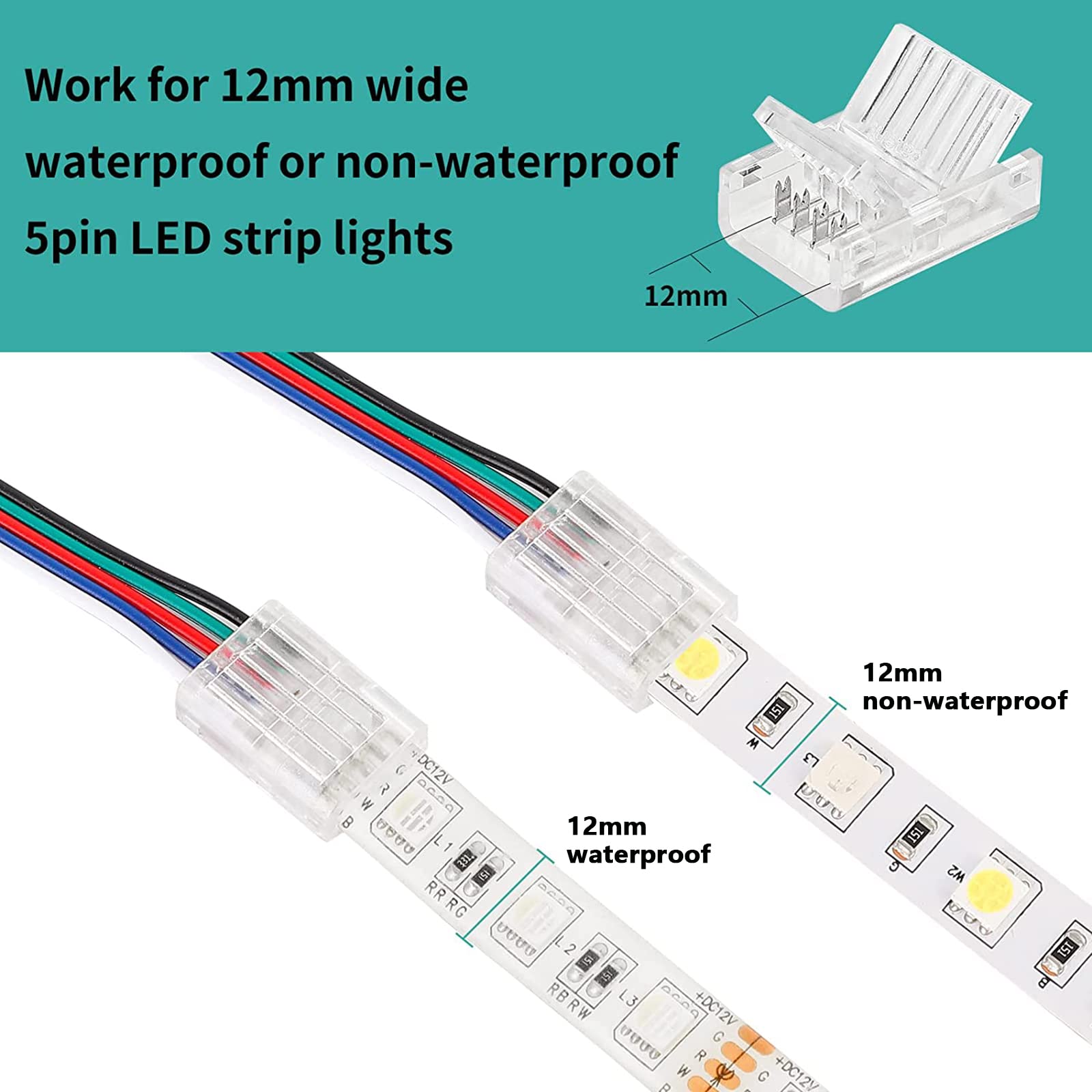 HOMELYLIFE 10 Pcs 5 Pin 12mm LED Strip Connectors Solderless with 16.4ft Extension Cable 5 Conductor for Waterproof or Non-Waterproof 12mm Wide RGBW RGBWW LED Strip Lights