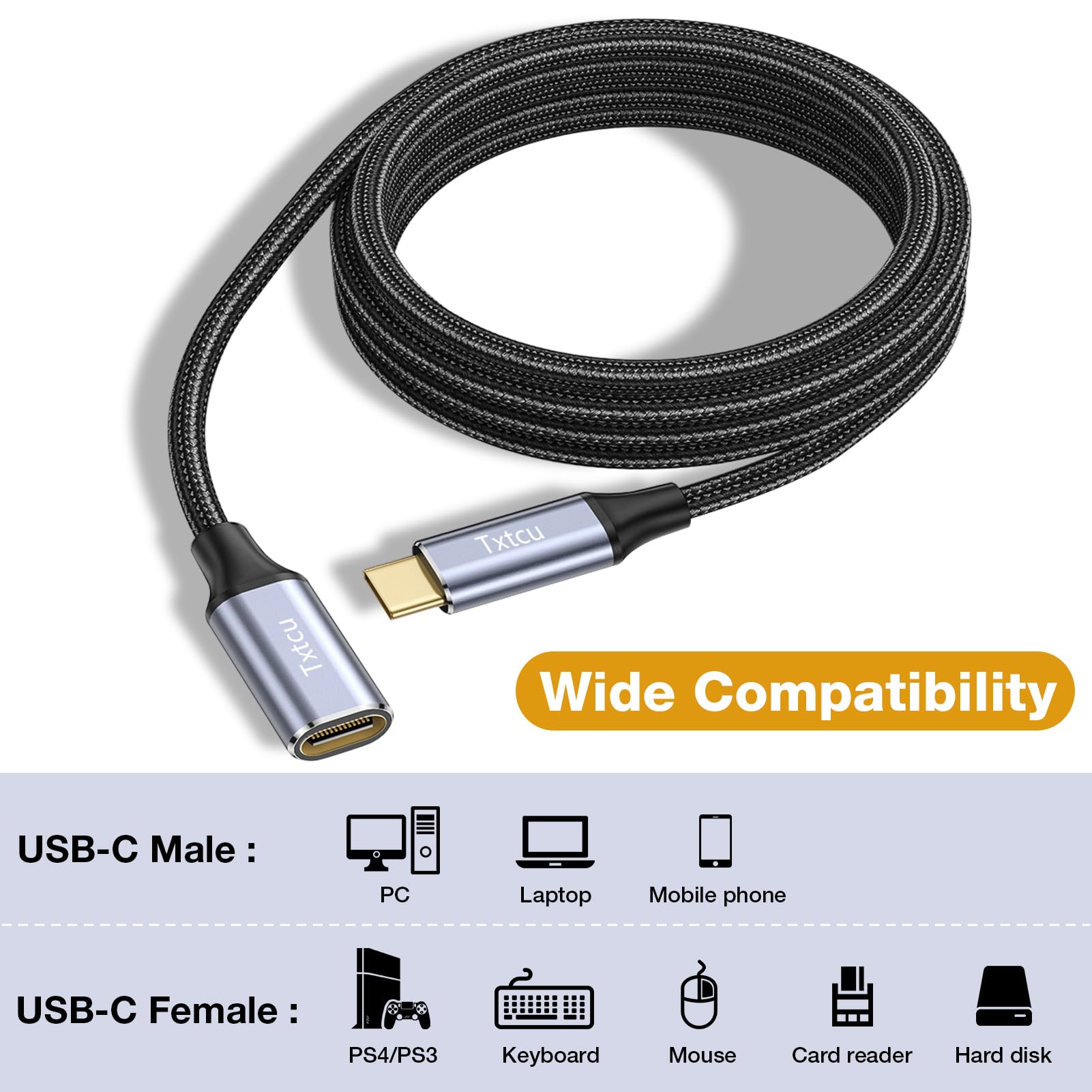 Txtcu USB C Extension Cable 1M,[USB 3.2/10Gbps] Nylon USB Type C Extender Cord 100W Fast Charge Data Transfer 4K@60Hz Video Display Lead Compatible for MacBook/iPad Pro,Steam Deck,Galaxy S23/S22