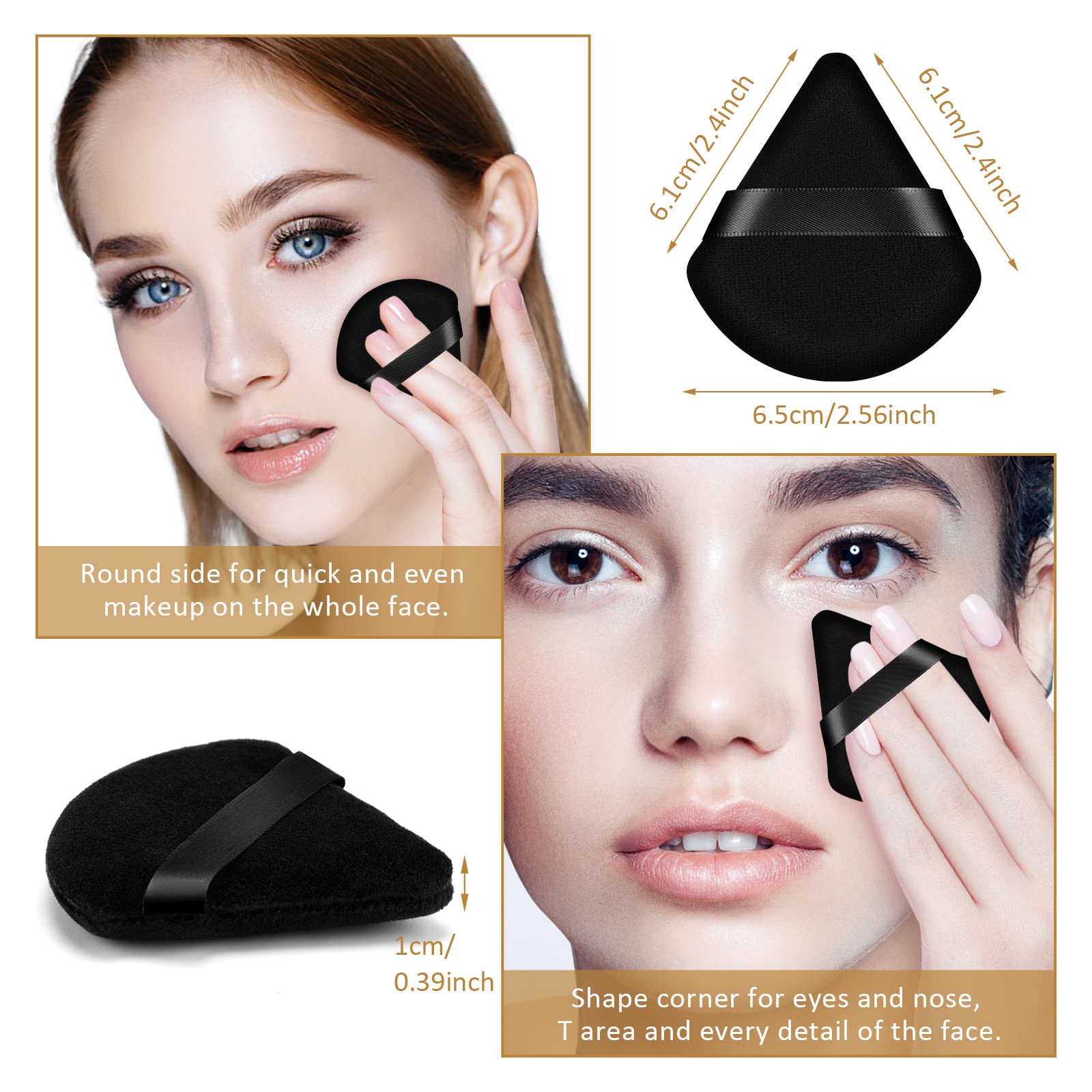 2PCS Powder Puff Face Triangle, DUAIU Velvet Powder Puffs for Pressed Powder Reusable Makeup Puff Puffy Makeup Sponge with Strap for Loose Powder Body Foundation Wet Dry Dual-Use Tool（Black&White）