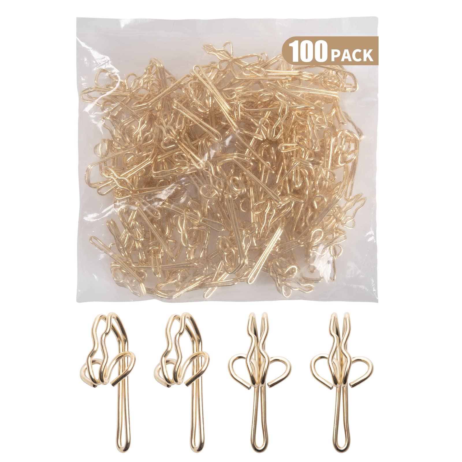 Curtain Hooks Metal Curtain Header Tape Drapery Hooks for curtains 2.9x1.2cm (100 Pack gold)……