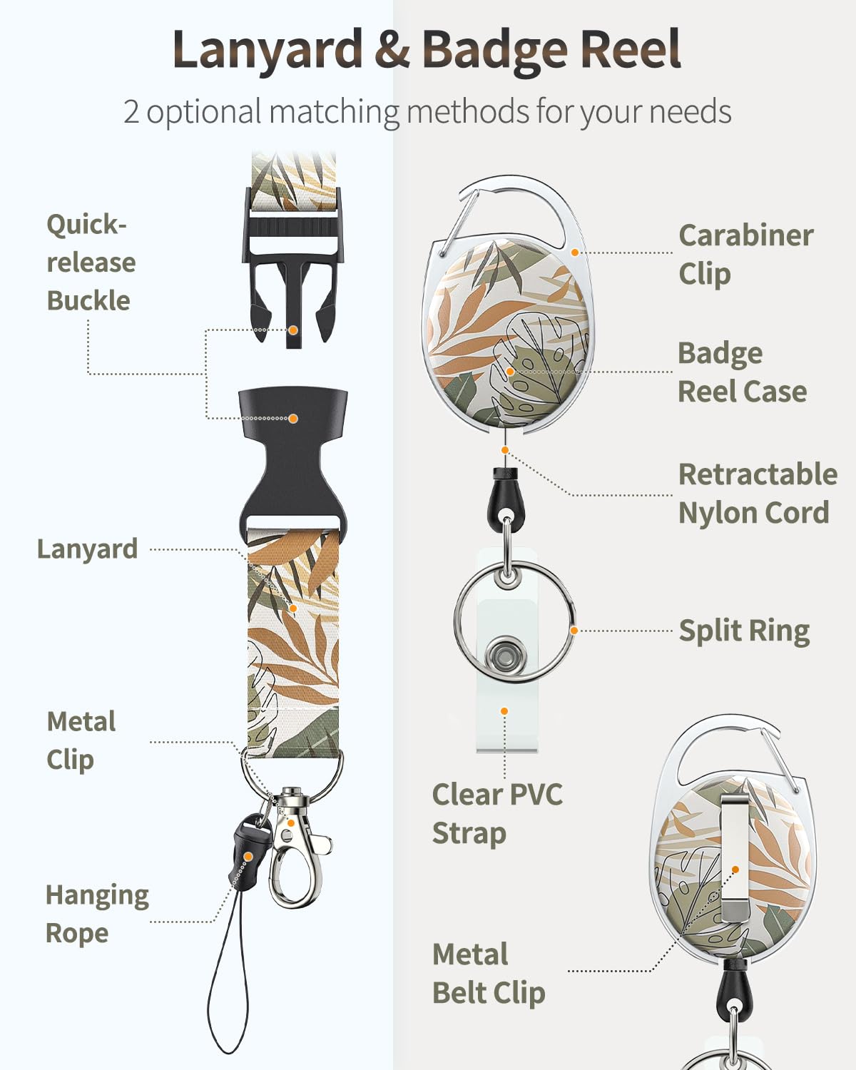 Uniclife Floral Sliding Badge Holder Leaves Plastic Case with Retractable Badge Reel Carabiner Clip and Detachable Lanyard Strap