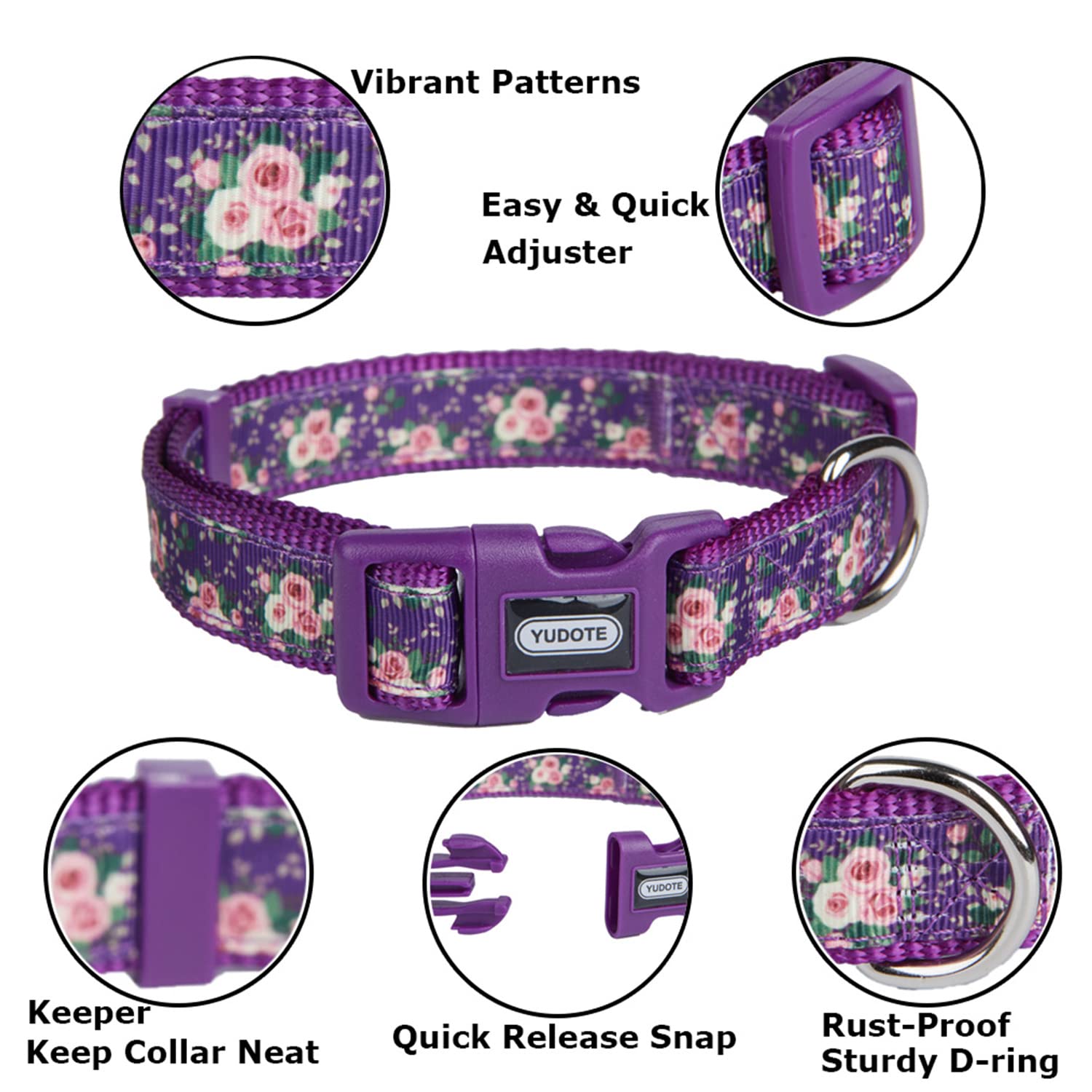 YUDOTE Spring Theme Dog Collar Medium with Printed Floral Pattern for Steady Girl Dogs Neck 31-49cm, Purple