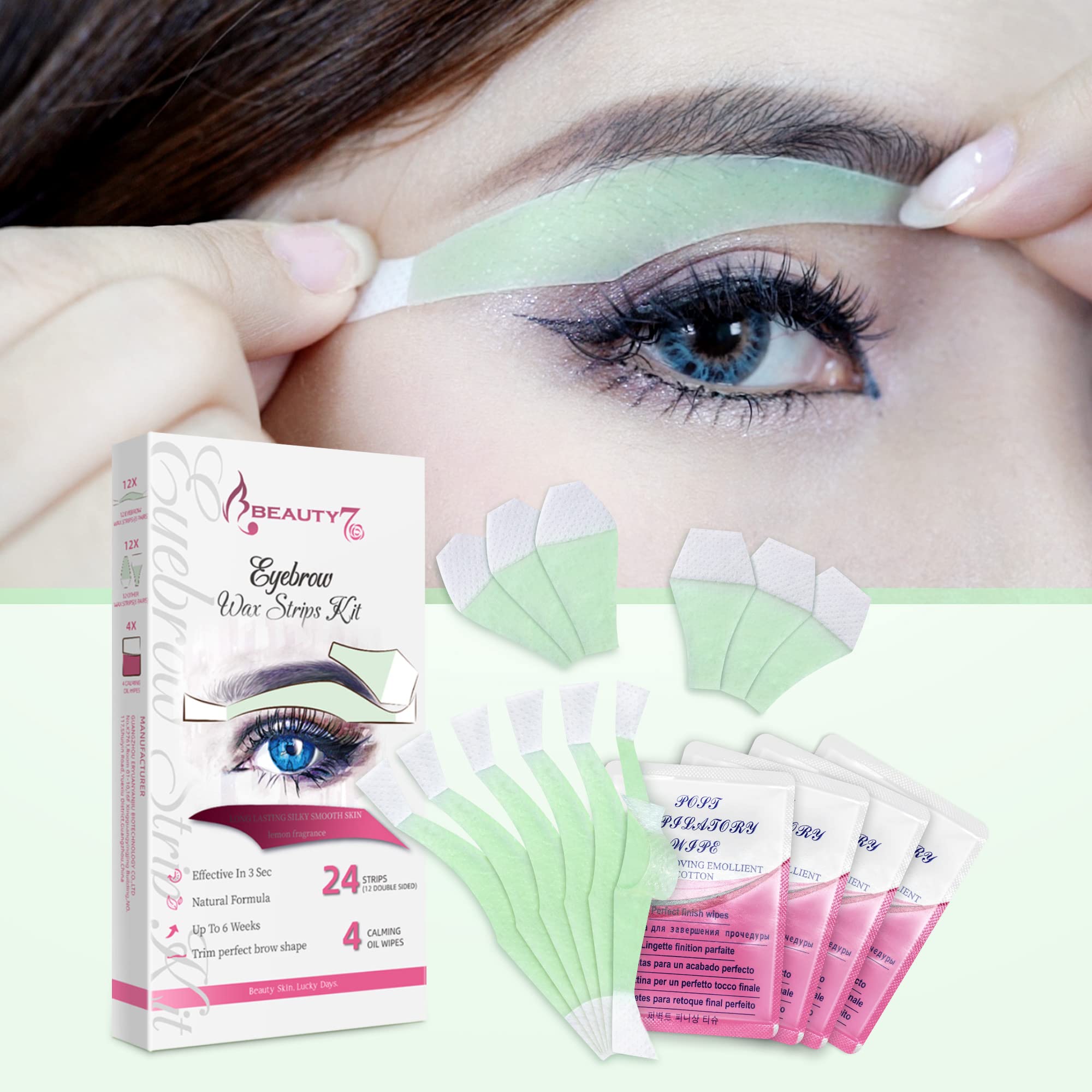 Beauty7 Wax Strips for Face, Eyebrow Shaper Pre-cut, 24pcs Waxing Strips with 4pcs Cleaner Oil Wipes, Cold Wax Strips Facial Hair Removal