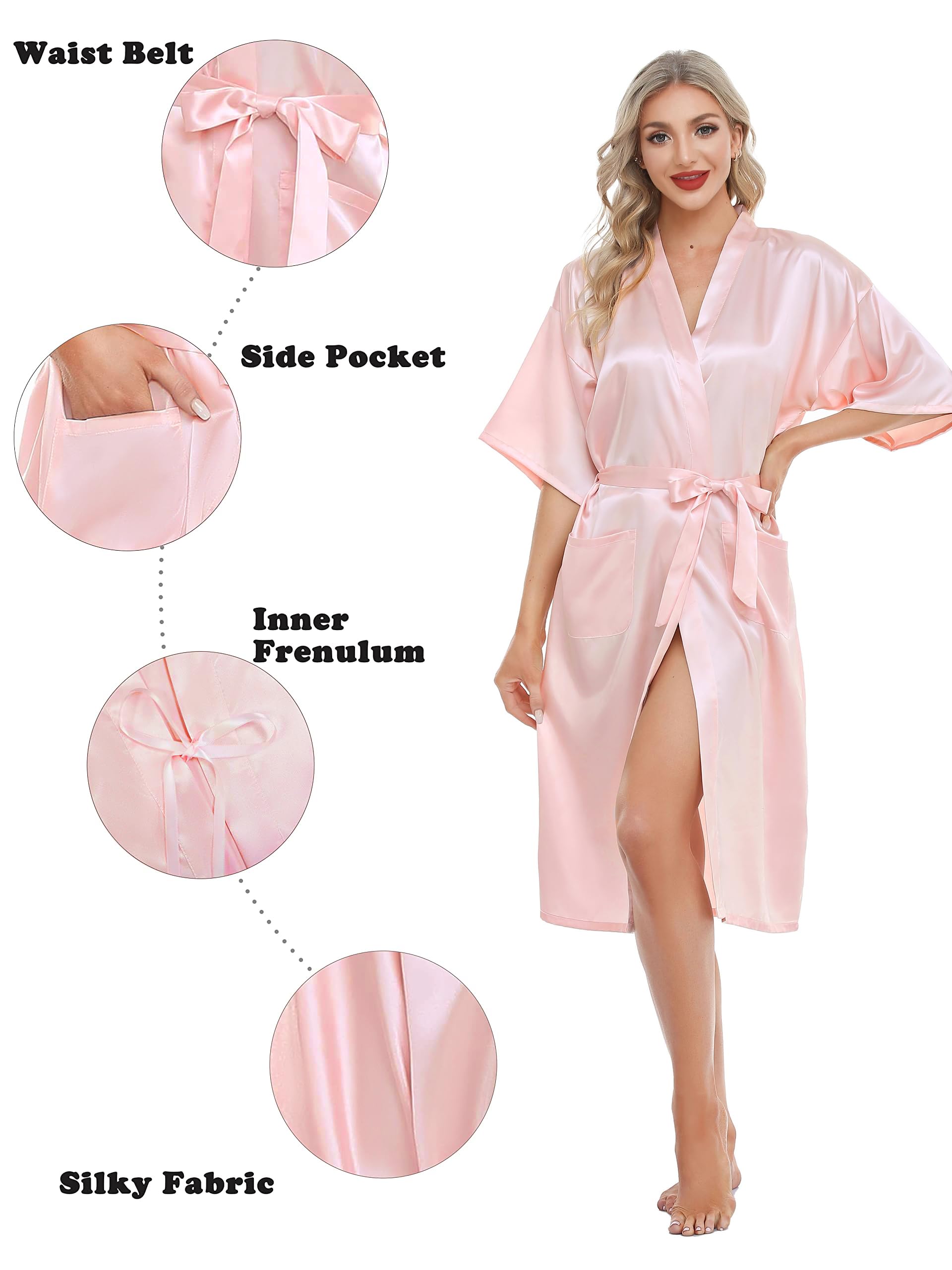 Lovasy Kimono Dressing Gowns Satin Kimono Robe Silk Dressing Gown for Women UK Long Silk Bride and Bridesmaid Robes,Pink,S