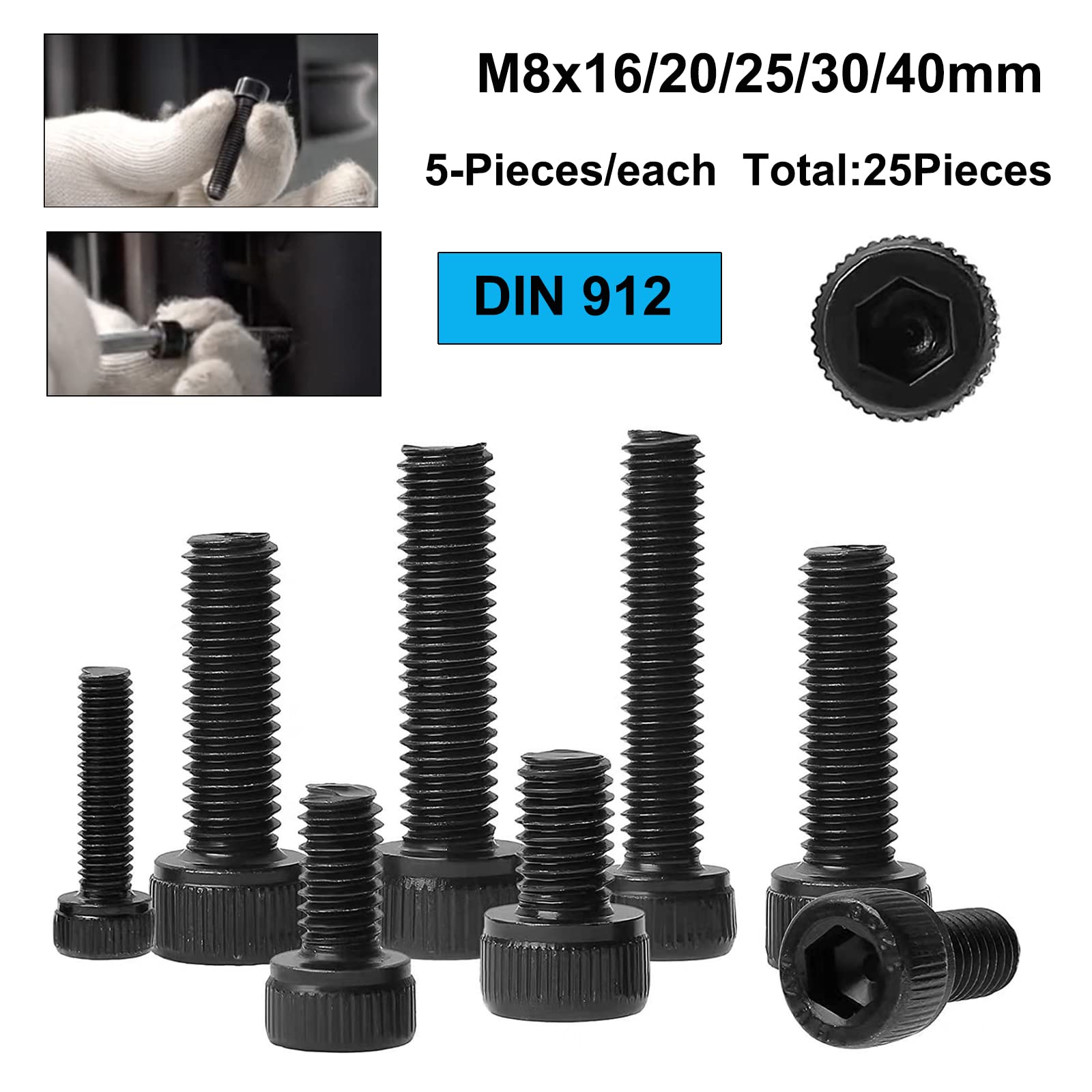 FandWay Hex Socket Head Cap Machine Screw, Black 12.9 Grade Alloy Steel, M8x16/20/25/30/40mm Cheese Head Bolts Allen Socket Drive Screws Assortment Set With Allen Key(5-Pieces/each)