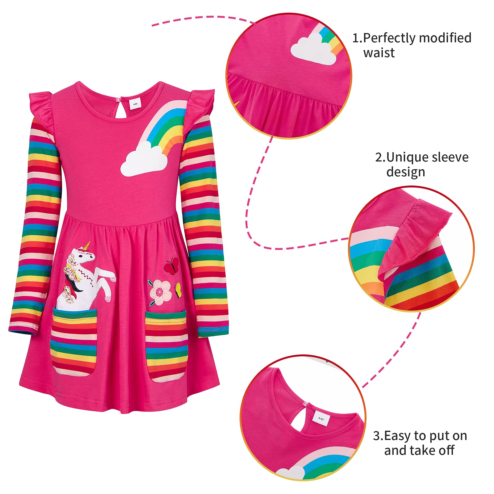 SFreeBo Rainbow Dress for Girls 6-7 Years Cotton Long Sleeve T-Shirt Dress Kids Unicorn Party Dresses with Large Stripe Pockets