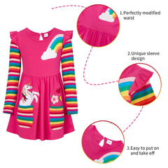 SFreeBo Girls Dresses 7-8 Years Girls Rainbow Long Sleeve T-Shirt Dresses Kids Unicorn Dress Winter Autumn Grils Cotton Casual Pocket Jersey Dress