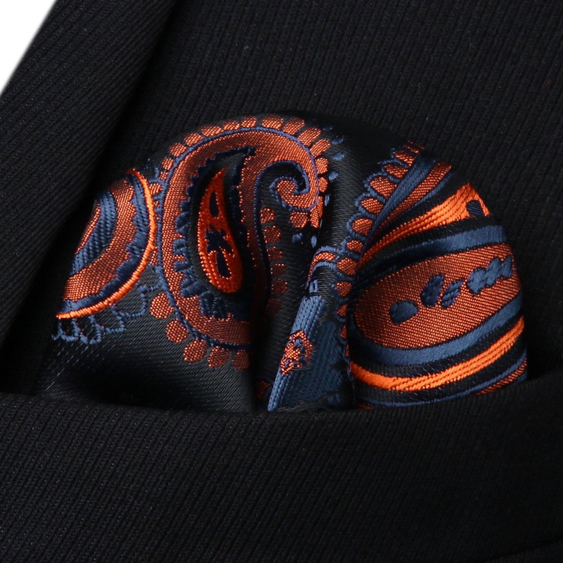 HISDERN Men's Black Orange Paisley Floral Tie Handkerchief Wedding Party Ties for Men Necktie & Pocket Square Set