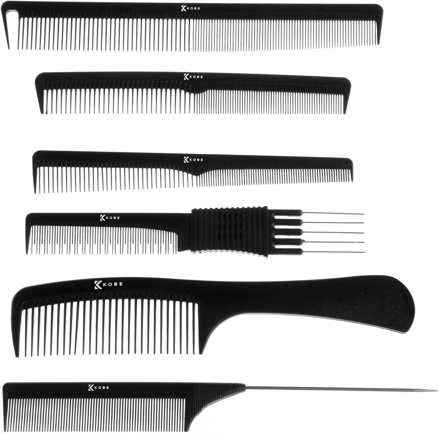 Kobe Professional Hairdresser's Set of 6 Carbon Fibre Combs in Comb Wallet - Highly Durable Combs that Resist Heat & Chemicals & are Anti-Static