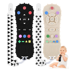 2 Pack Teething Toys for Baby, Silicone Remote Control Teething Toy for 0-6 Months Baby Sensory Chew Toy with Dummy Clip for Babies 6-12 Months, Toddler Infant Newborn Toys Baby Gifts（Black & White）