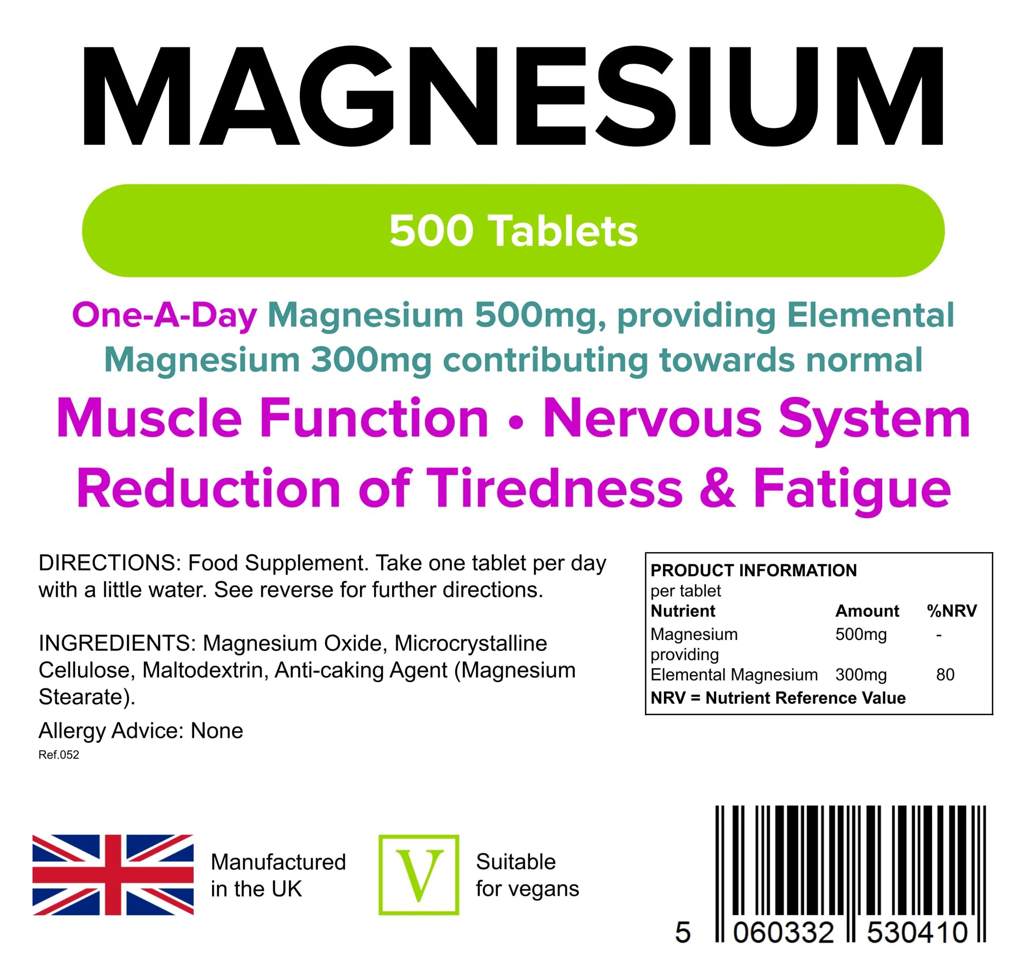 Lindens Magnesium Tablets 500mg – 500 Tablets – Reduces Tiredness and Fatigue, Supports Metabolism, Muscle Function, Nervous System, Bones, and Teeth - UK Manufacturer, Letterbox Friendly