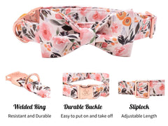 Elegant little tail Floral Dog Collar, Girl Pet Collar Comfortable Pink Dog Collar with Bow, Pet Collar Adjustable Soft Bowtie Dog Collars for X-Small Puppy