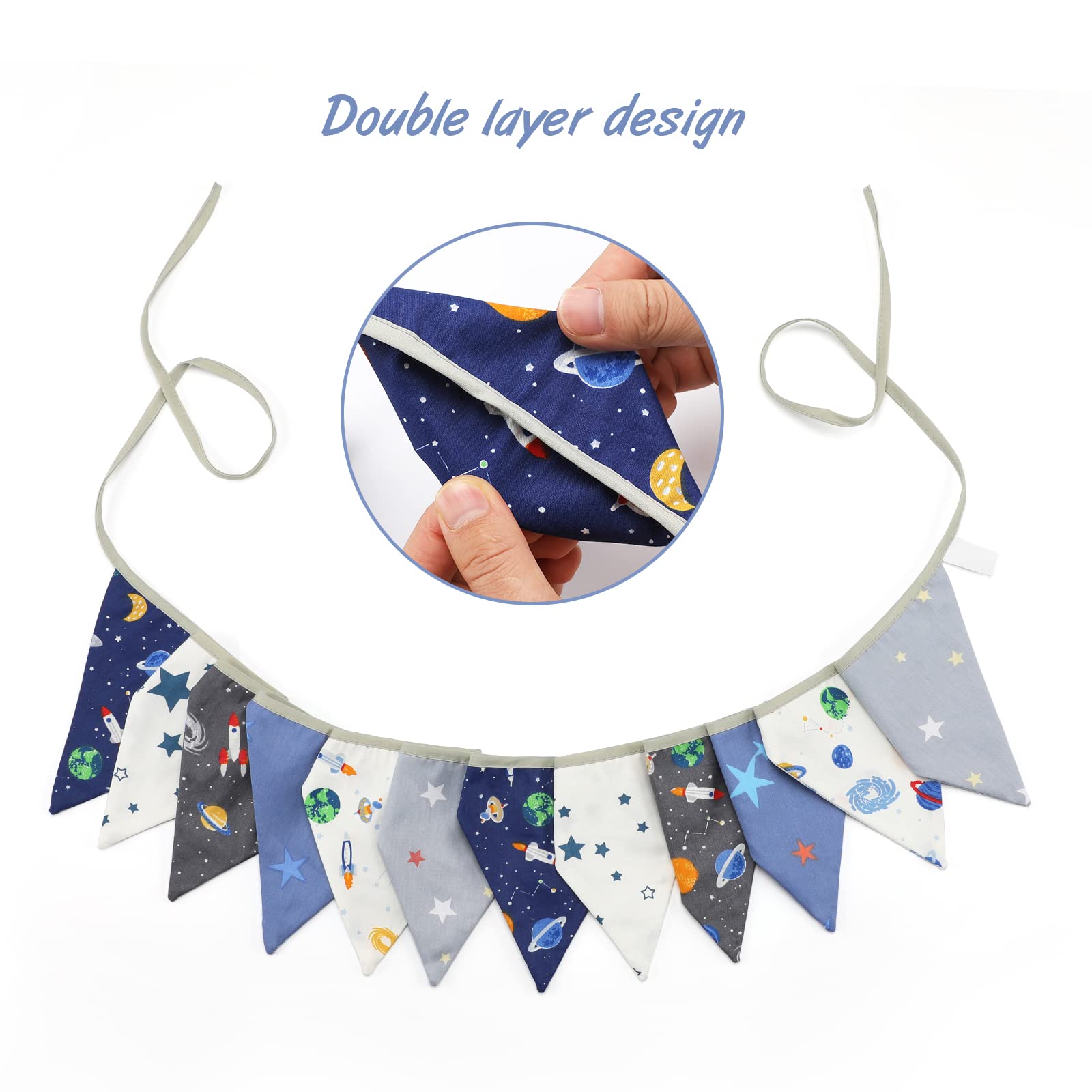 G2PLUS Universe Space Fabric Bunting Banner, 10.8 Feet Cotton Space Themed Garlands, 12PCS Blue and White Double Sided Triangle Pennants for Birthday Parties & Kids Bedrooms