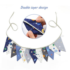 G2PLUS Universe Space Fabric Bunting Banner, 10.8 Feet Cotton Space Themed Garlands, 12PCS Blue and White Double Sided Triangle Pennants for Birthday Parties & Kids Bedrooms