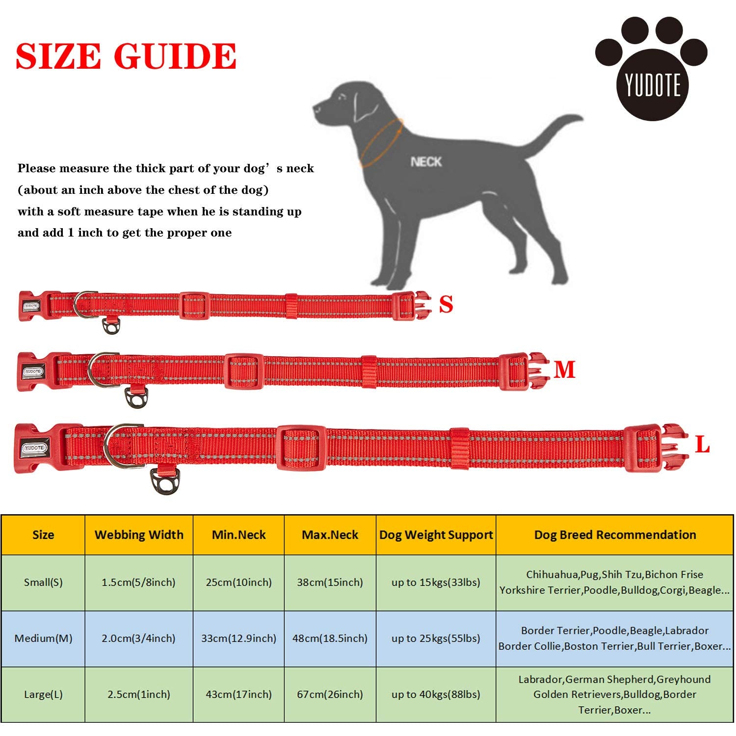 YUDOTE Dog Collar Small Strong Reflective Nylon Webbing with Soft Comfy Neoprene Padded Linning for Small Dogs Daily Use,Red