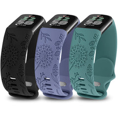 TOYOUTHS 3 Packs Floral Engraved Compatible with Fitbit Charge 5/Charge 6 Strap for Women, Soft Waterproof Silicone Sport Band with Cute Dandelion Flower Pattern, BlackandIce BlueandGreen