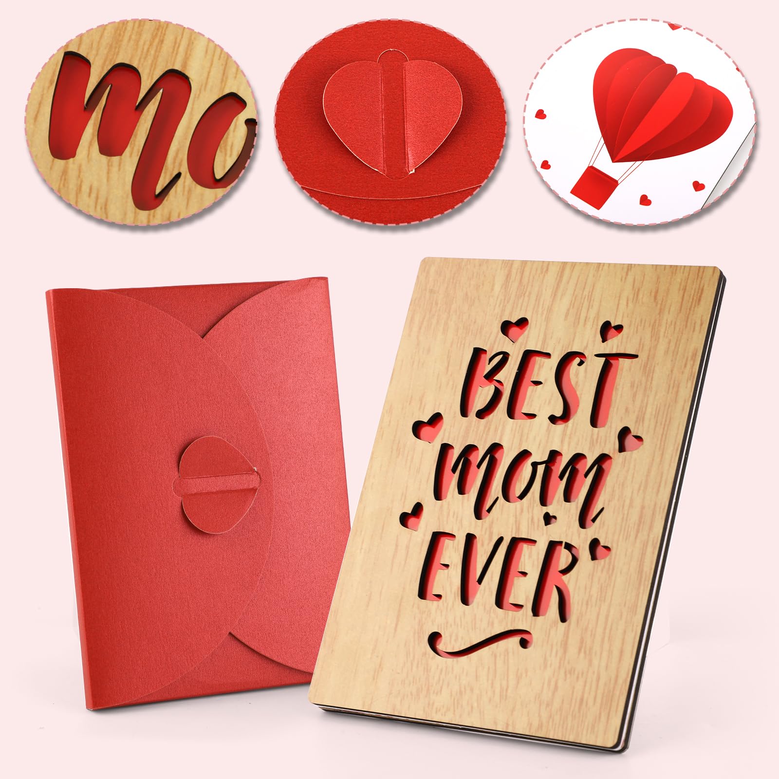 Wooden Mothers Day Card, Best Mom Mum Ever Card Mother's Day Gift Card Greeting Cards with Envelope for Her Mom Wife Grandma Birthday Anniversary Thanksgiving Gift