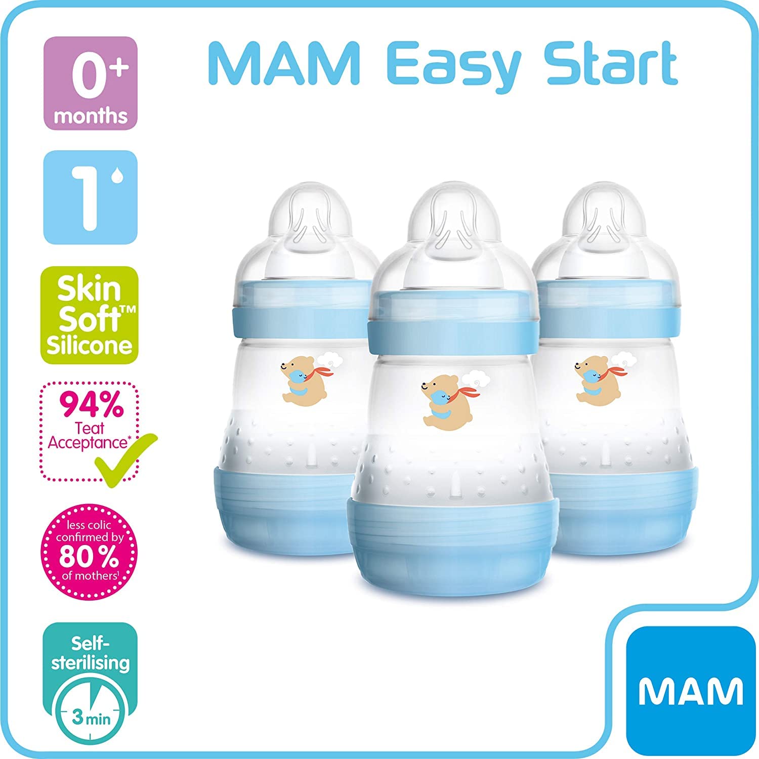 MAM Easy Start Self Sterilising Anti-Colic Baby Bottle 3 Pack (3 x160 ml) with Slow Flow MAM Teats Size 1, Newborn Essentials, Blue (Designs May Vary)