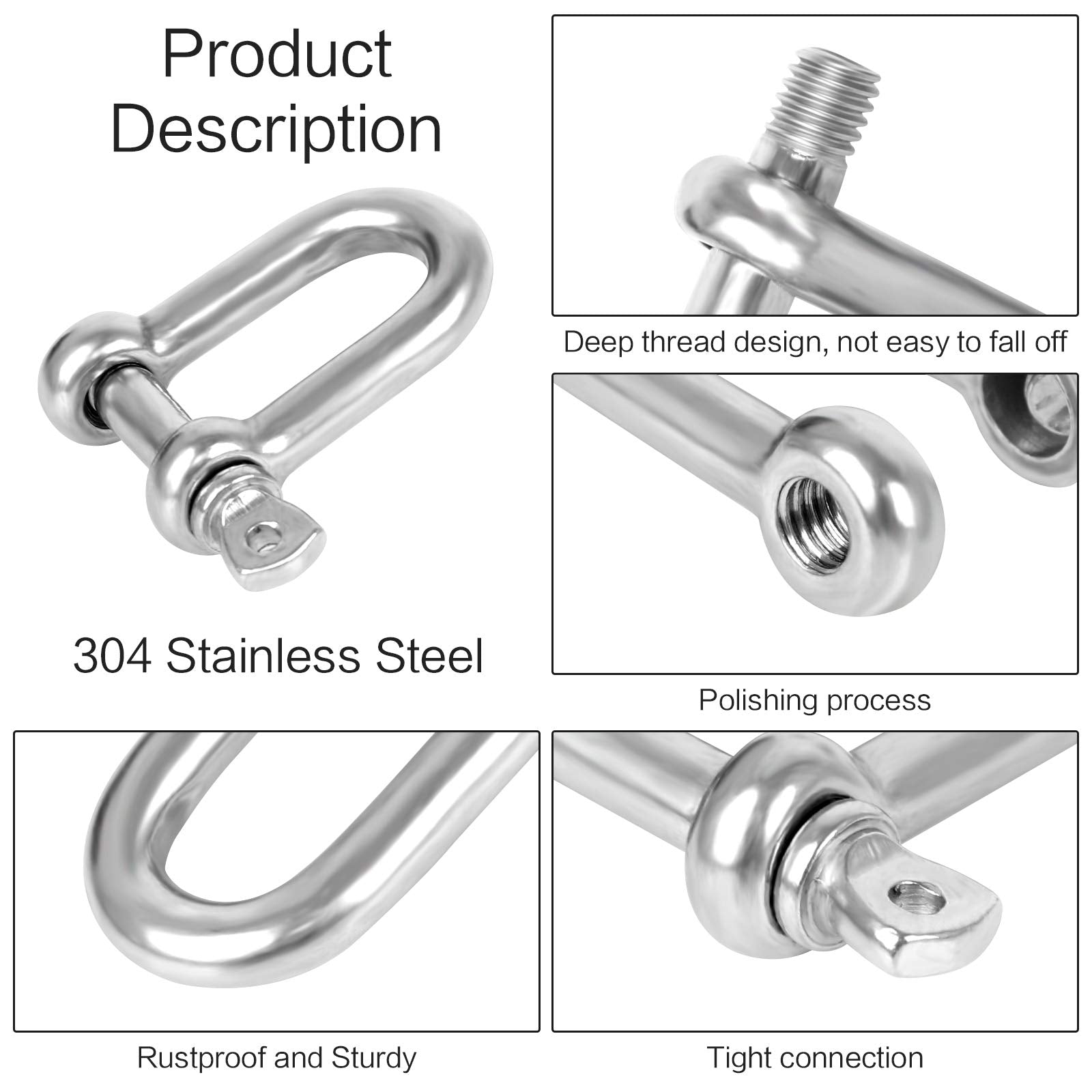 12Pcs M5 D Shackle Stainless Steel D Ring Shackle Lock D Shackle Clip 304 Stainless Steel D Shackle for Heavy Construction (Silver)