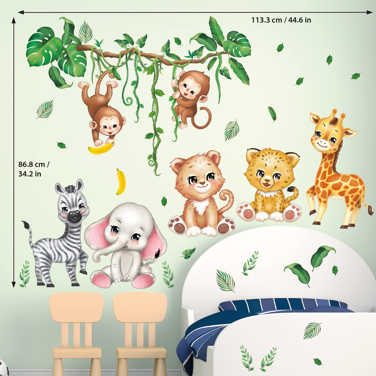 DECOWALL DS12-8073 Jungle Animals Wall Decals Elephant Giraffe Safari Wall Stickers Baby Nursery Kids Room Living Room Wall Décor