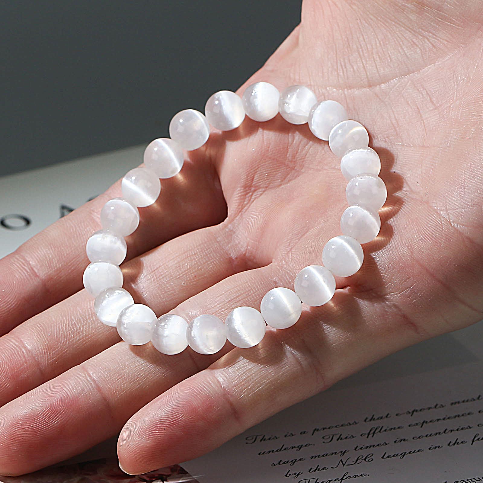 Ouubuuy Selenite Crystal Beads Bracelet 8mm Natural Gemstone Beaded Bracelets Healing Crystal Bracelet for Girls Women Mothers Day Gifts