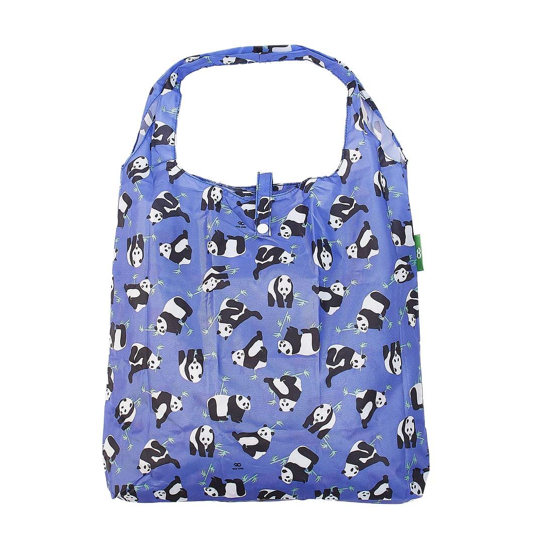 ECO CHIC Lightweight Foldable Reusable Shopping Bag Water Resistant Tote Bag (Pandas Blue)