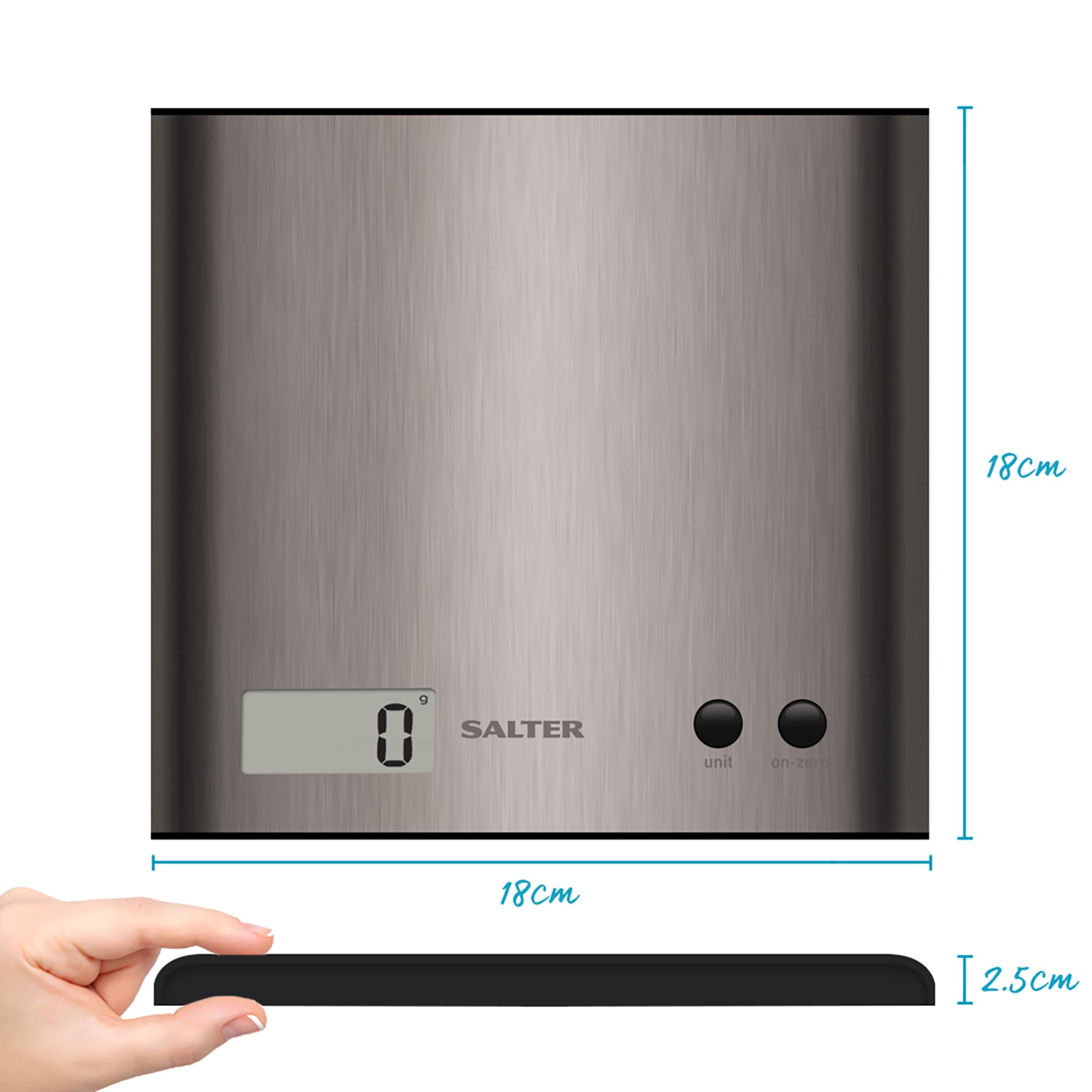 Salter 1087 SSDR Arc Kitchen Scale – Digital Food Weighing Scales, Precise Cooking/Baking, Slim Platform for Compact Storage, Add & Weigh/Tare Function, 3kg Capacity,Battery Included,Stainless Steel