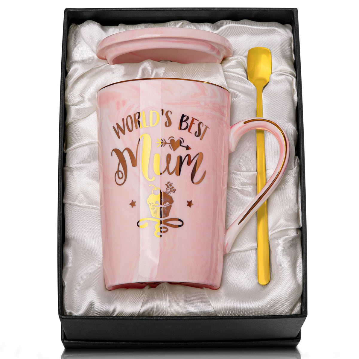 Doublewhale Mum Gifts, World's Best Mum Coffee Mug, Gifts for Mum from Daughter Son, 14OZ Ceramic Coffee Cup Mum Birthday Gifts with Elegantly Boxed, Golden Spoon, Greeting Card