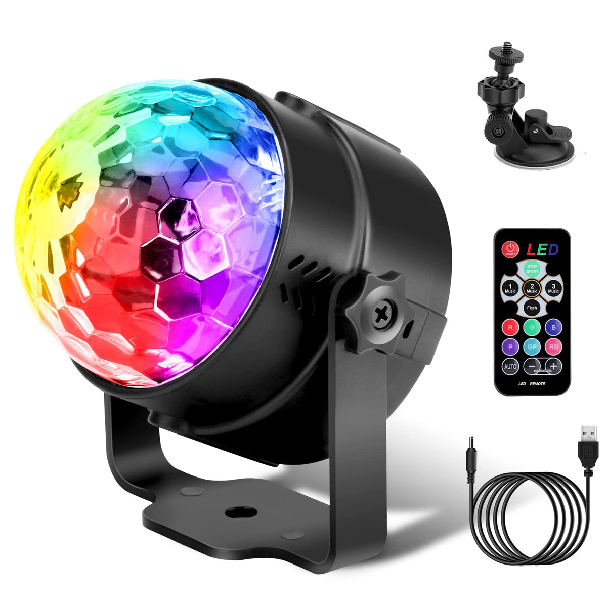 Gobikey Disco Lights, 360° Rotation Sound Activated Disco Ball Party Lights with Remote Control - 3W RGB Dynamic Light Effect, 4M/13ft USB Cable for Kids Birthday, Friend Gathering, Xmas