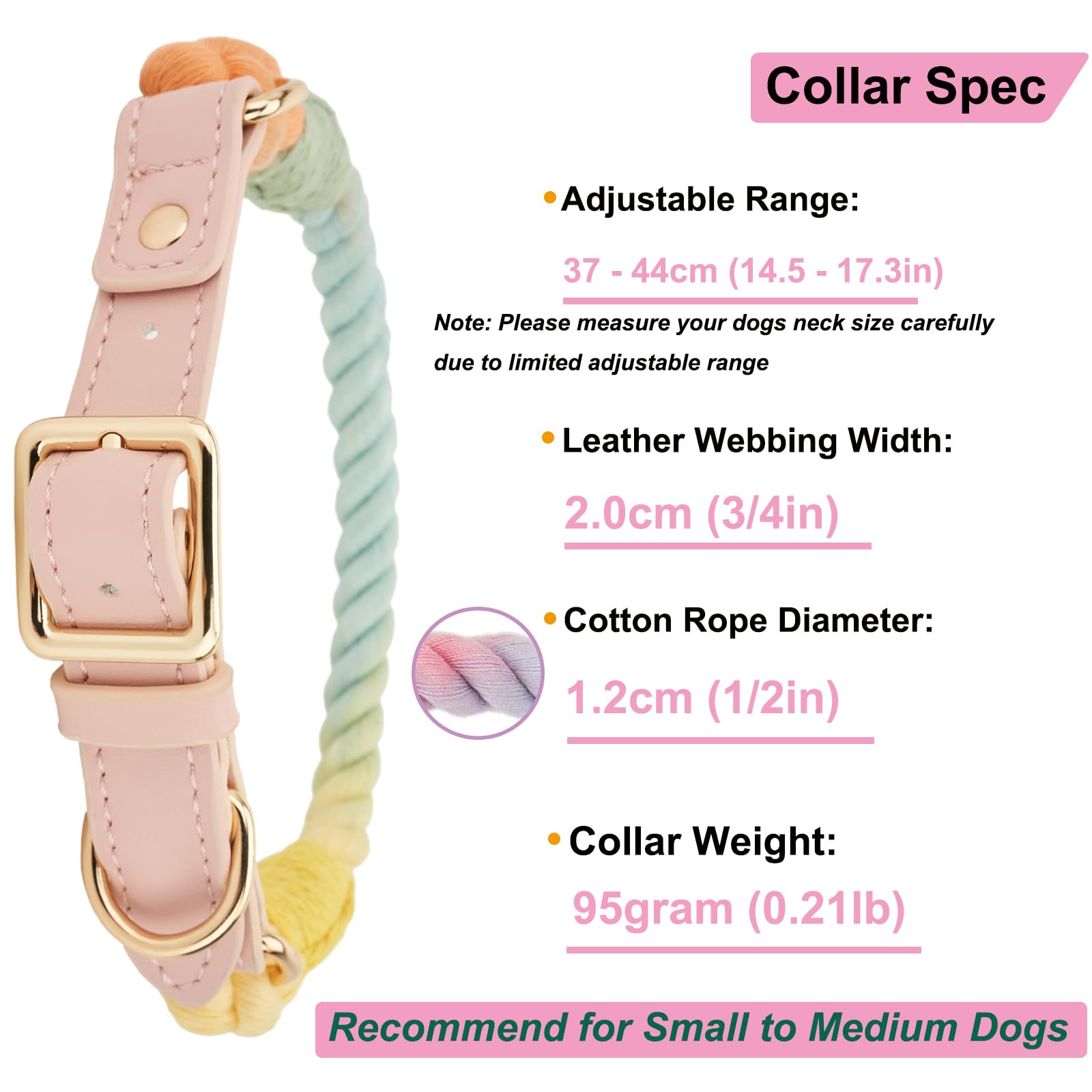 YUDOTE Cotton Rope Dog Collar and Lead Matching Set Colorful Hand-dyed Ombré Leash for Medium Dogs Daily Use,Macaroon Colors