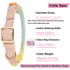 YUDOTE Cotton Rope Dog Collar and Lead Matching Set Colorful Hand-dyed Ombré Leash for Medium Dogs Daily Use,Macaroon Colors