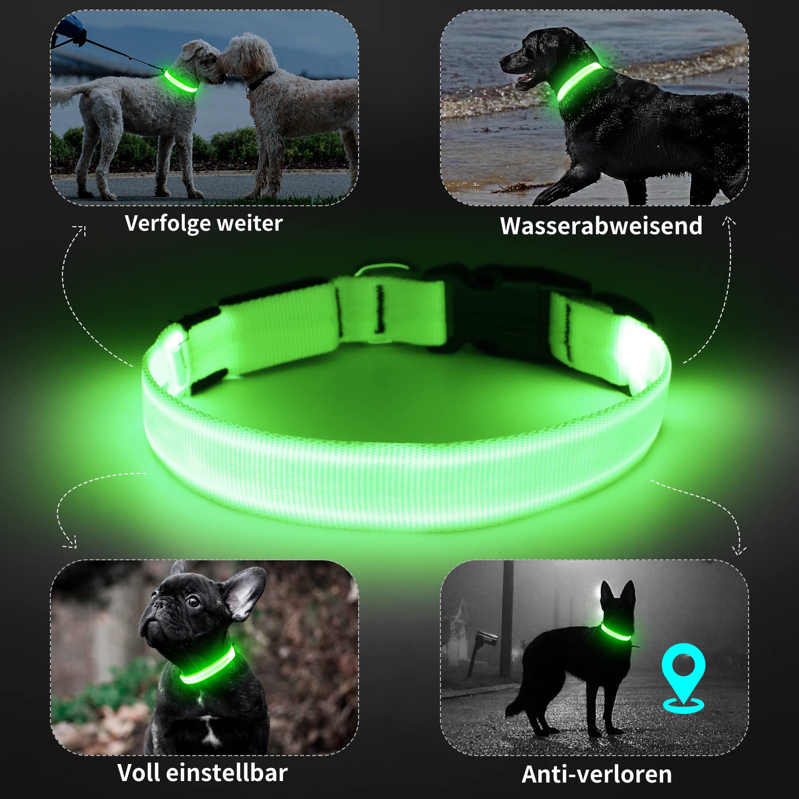 KOSKILL Light Up Dog Collar, Led Dog Collar Usb Rechargeable Waterproof, Flashing Dog Collars For Dark, Illuminated Dog Collars, Glowing In The Dark Dog Collar Lights For Dogs Night Walking Green M