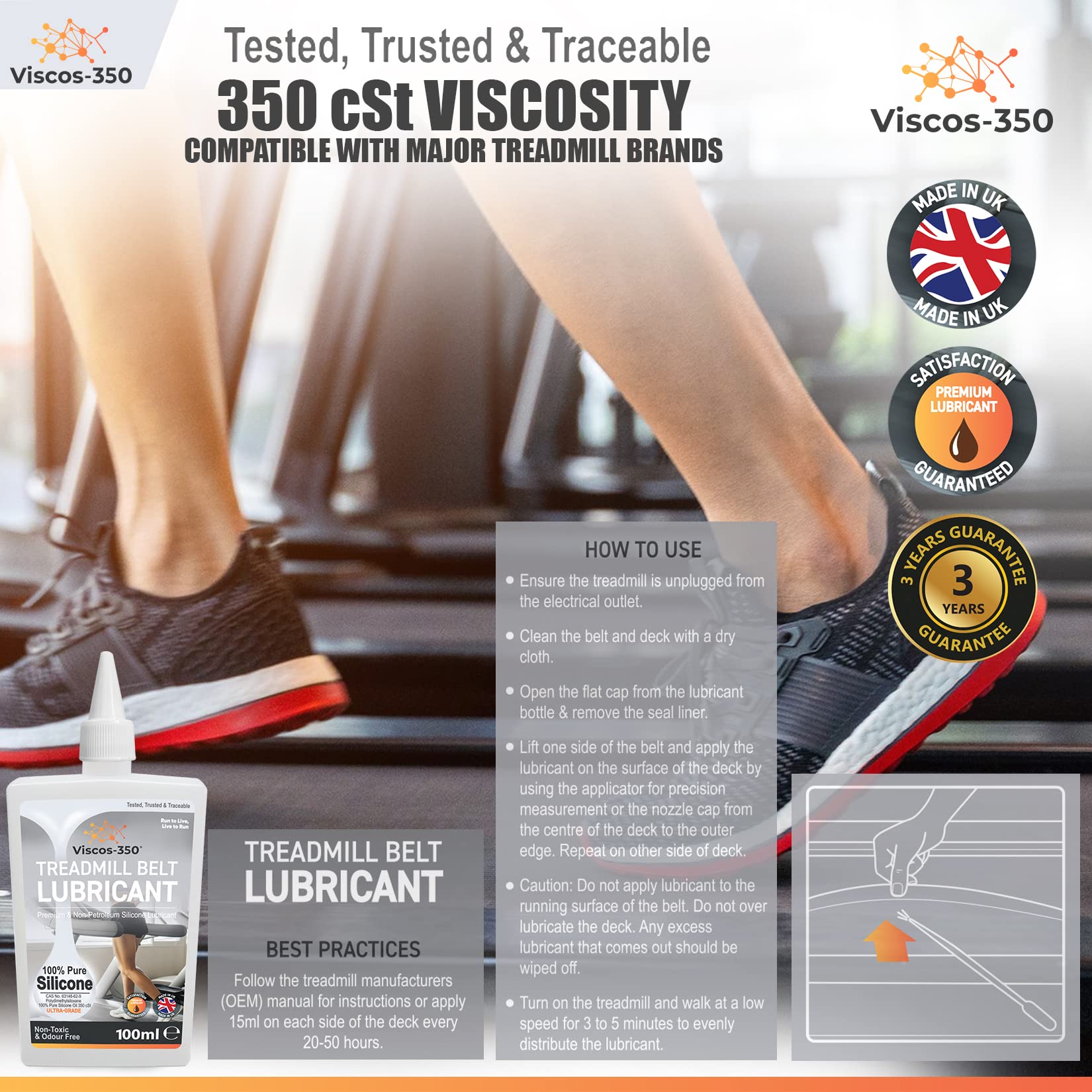 Viscos-350 Premium Treadmill Lubricant Pure Silicone Oil 15cm Long Applicator Inc - Made in UK - 100ml